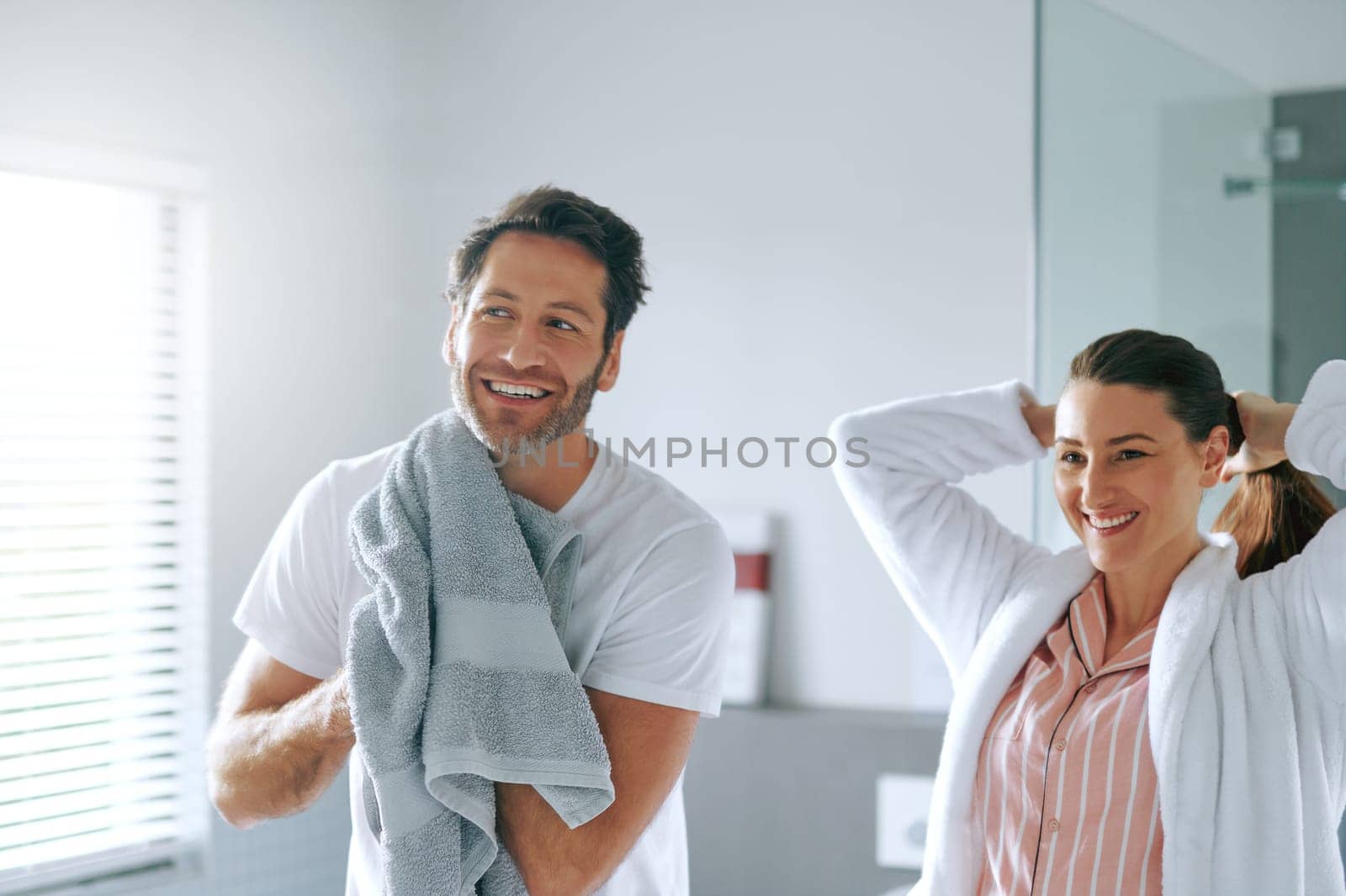 Do you like my beard like this. a couple getting ready together in the bathroom at home