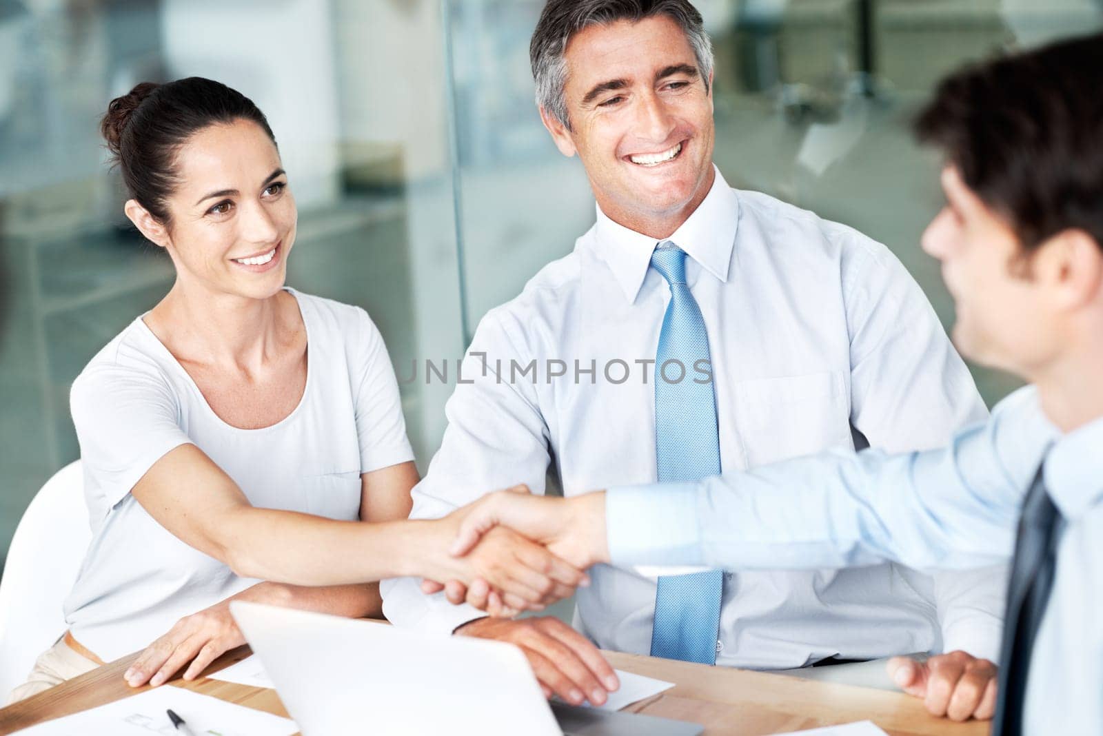 Well done, this proposal sounds good...Smiling businesspeople concluding a successful meeting together