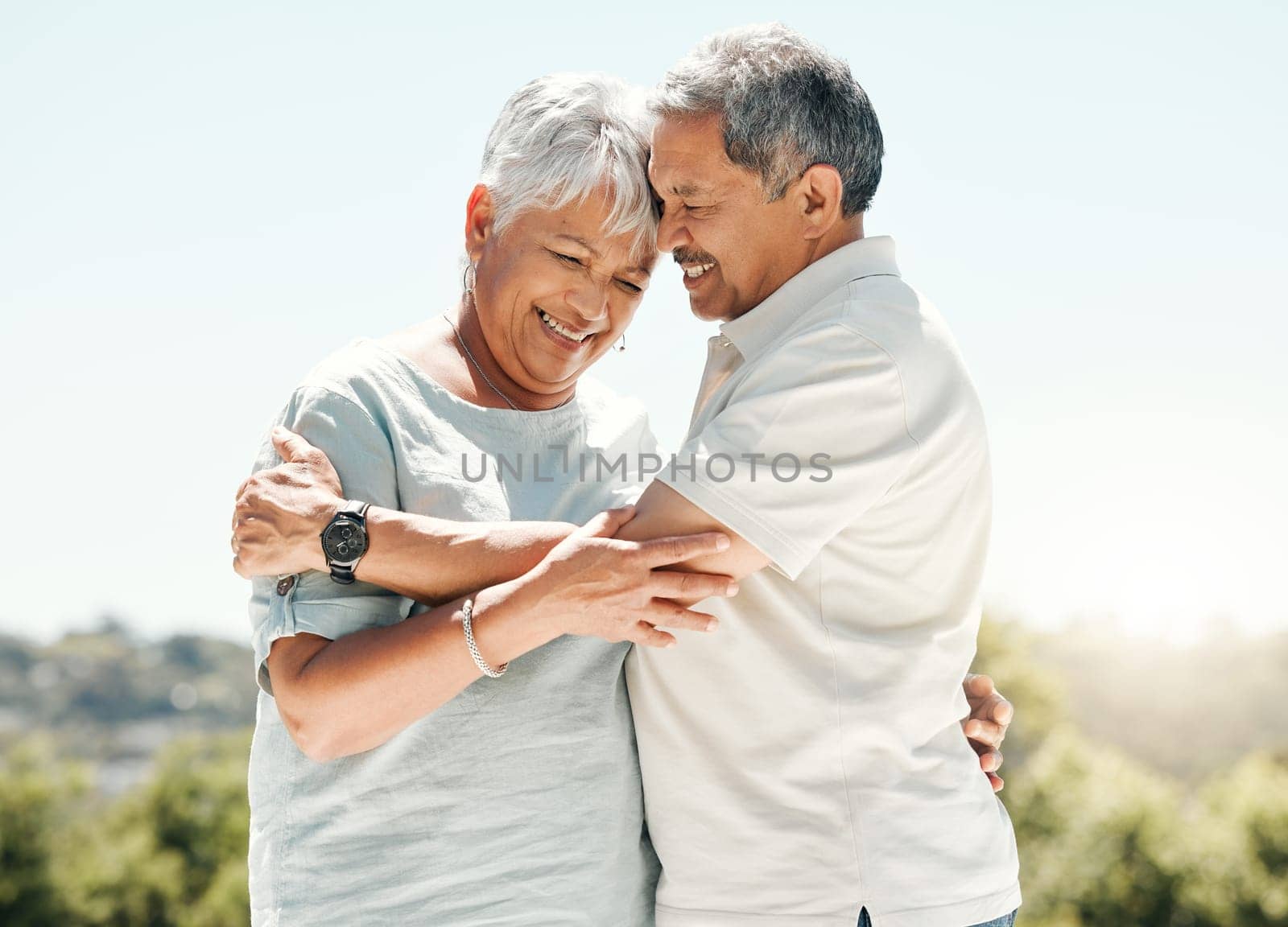 Senior couple, hug and happy in nature on vacation, holiday or summer bonding. Love, hugging and retirement of man and woman with a smile and enjoying quality time together on intimate date mockup