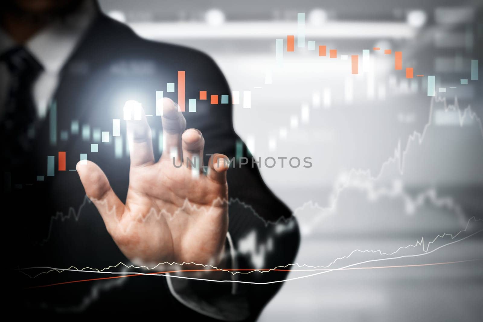 Businessman analyst working with digital finance business data graph showing technology of investment strategy for perceptive financial business decision. Digital economic analysis technology concept.