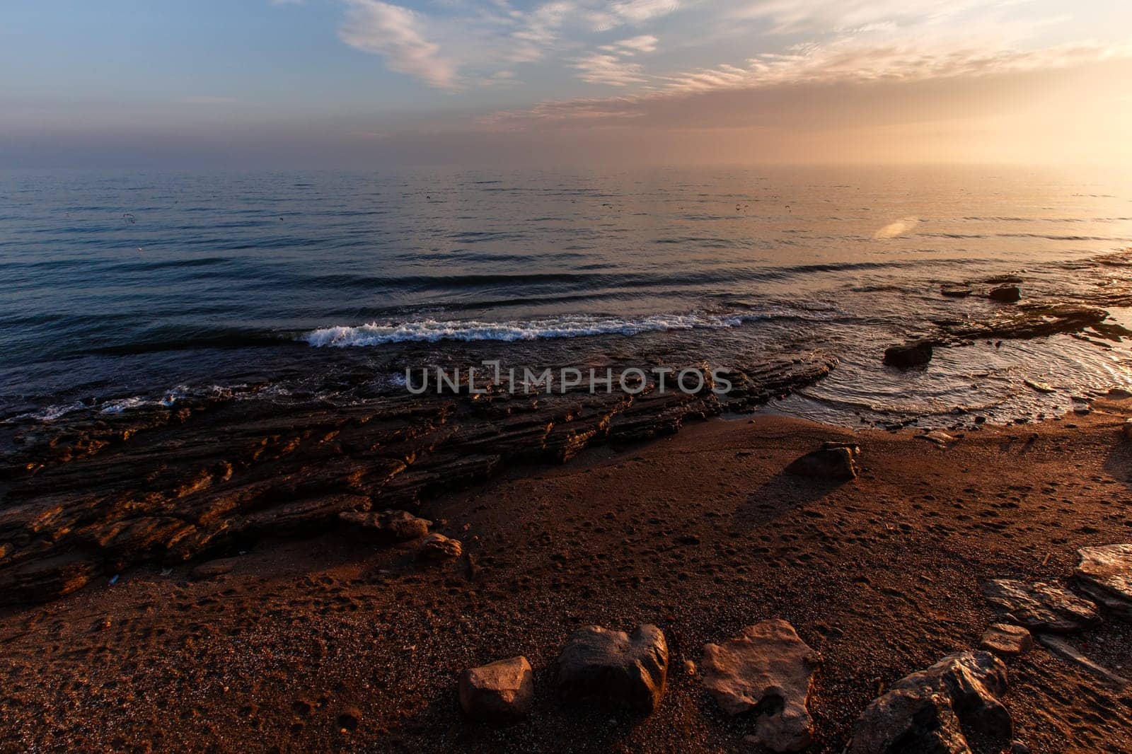 Beautiful dawn over the Caspian sea in Dagestan, Russia. High quality photo