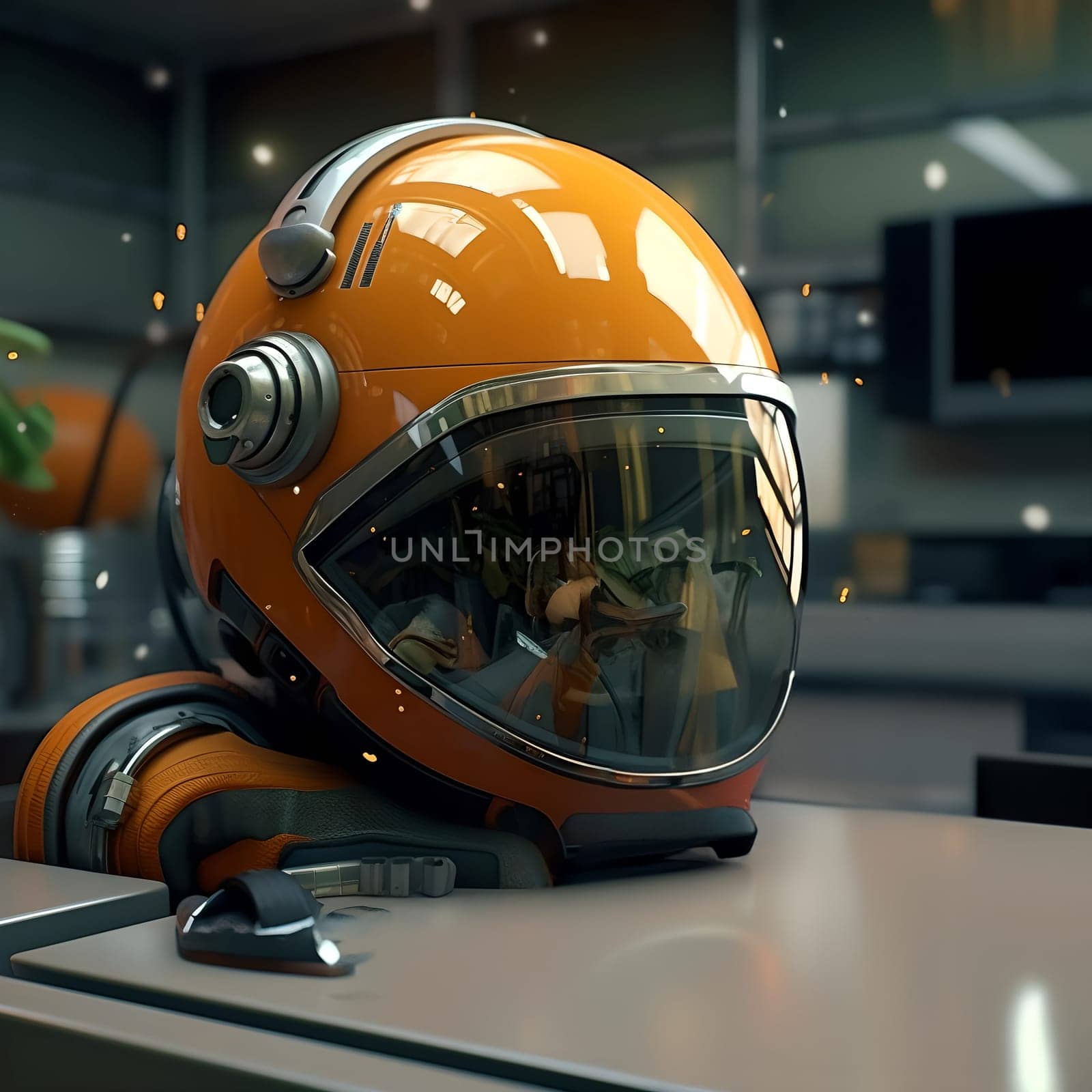 The helmet of the future lies on the table in the interior