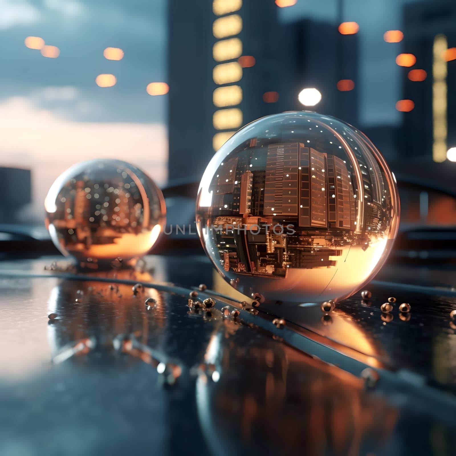 Two glass spheres on a dark reflective surface against the background of evening buildings