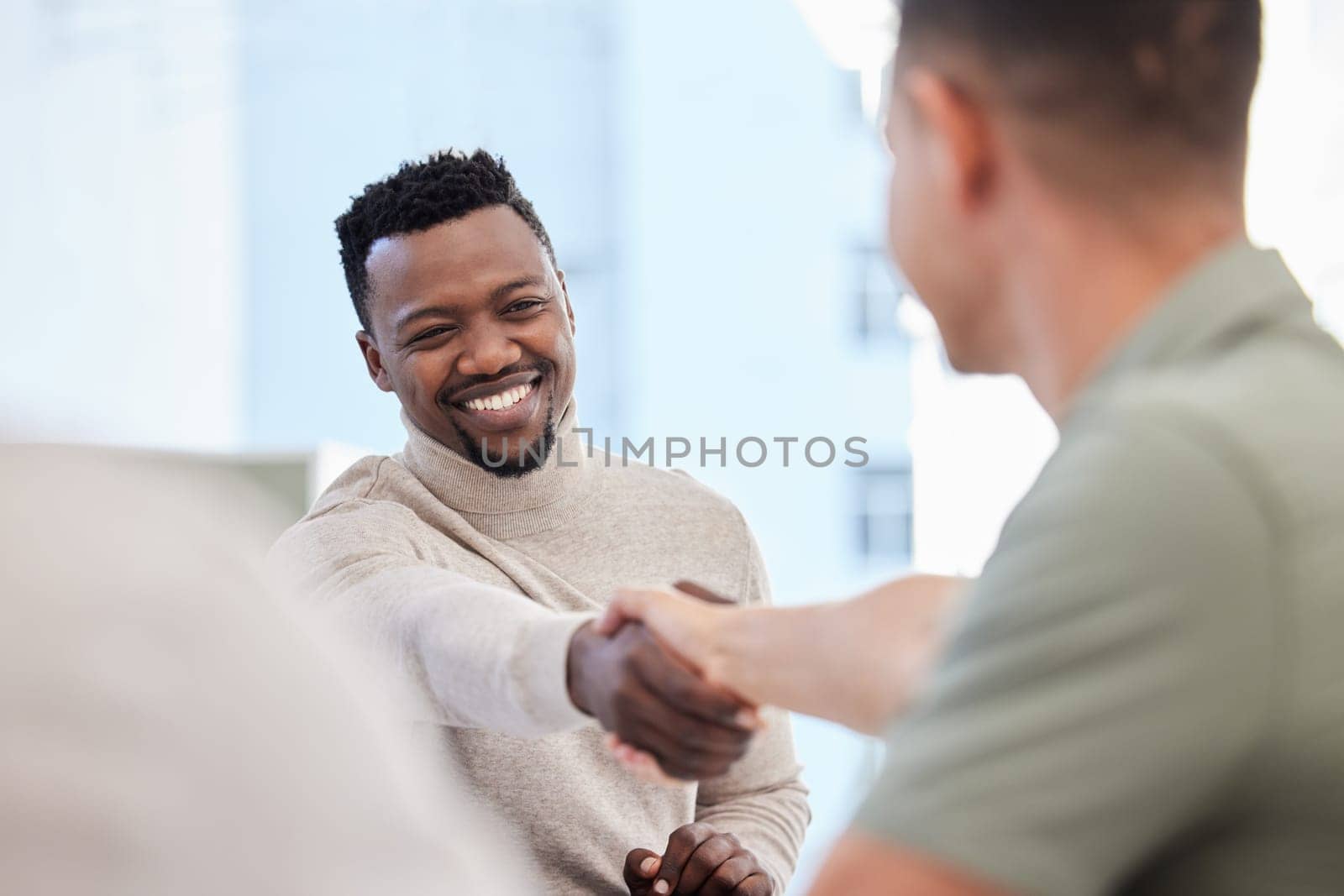 Men, handshake and partnership, success in interview with onboarding, promotion and working together. Collaboration, professional team and business people shaking hands in office, hiring and welcome.