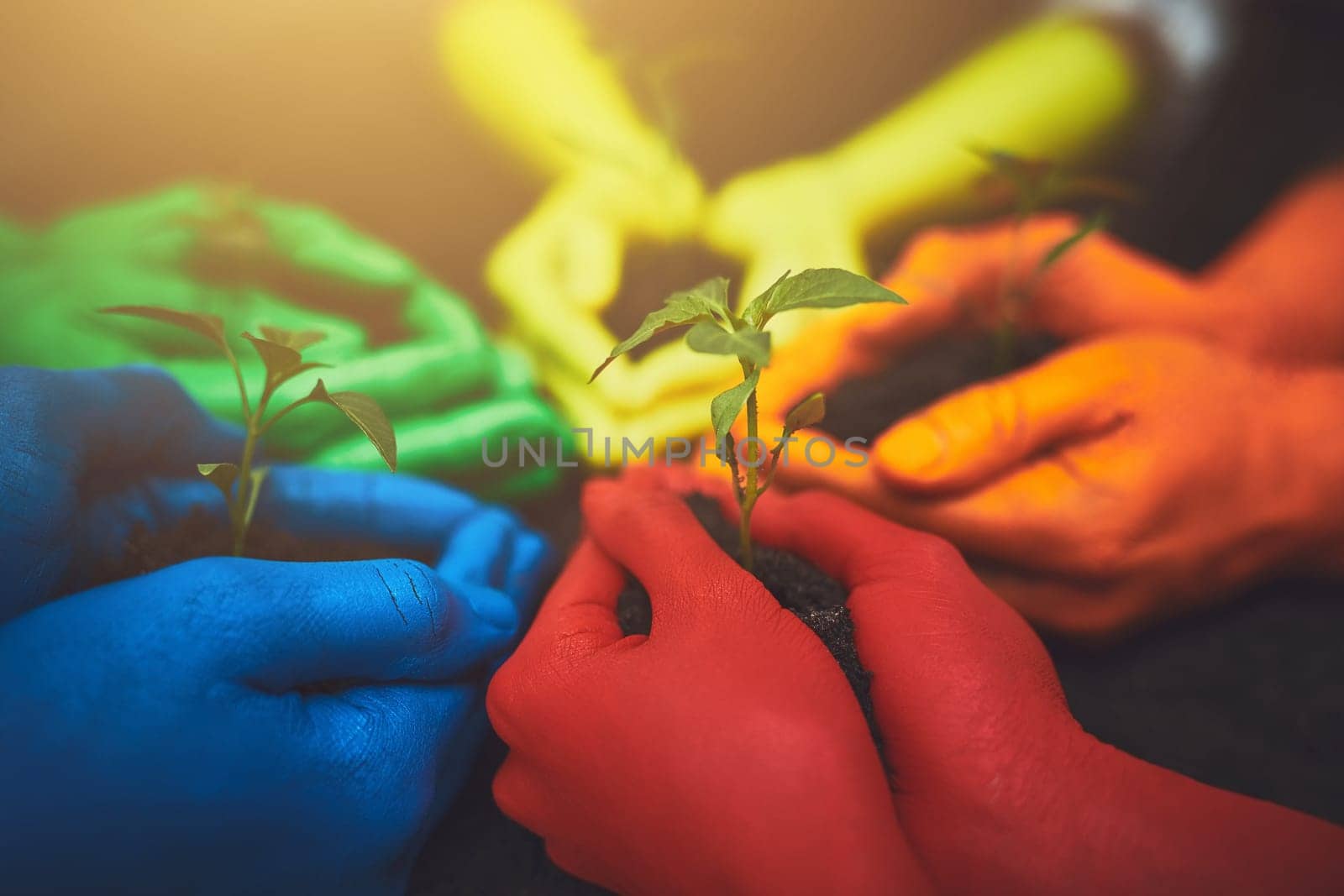 Colors are created by nature. unrecognizable people holding budding plants in their multi colored hands. by YuriArcurs