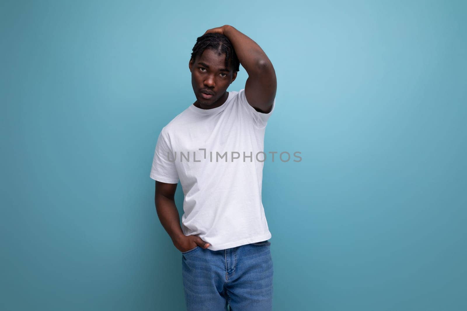 stylish young man with dreadlocks in a white t-shirt with empty space for logo by TRMK