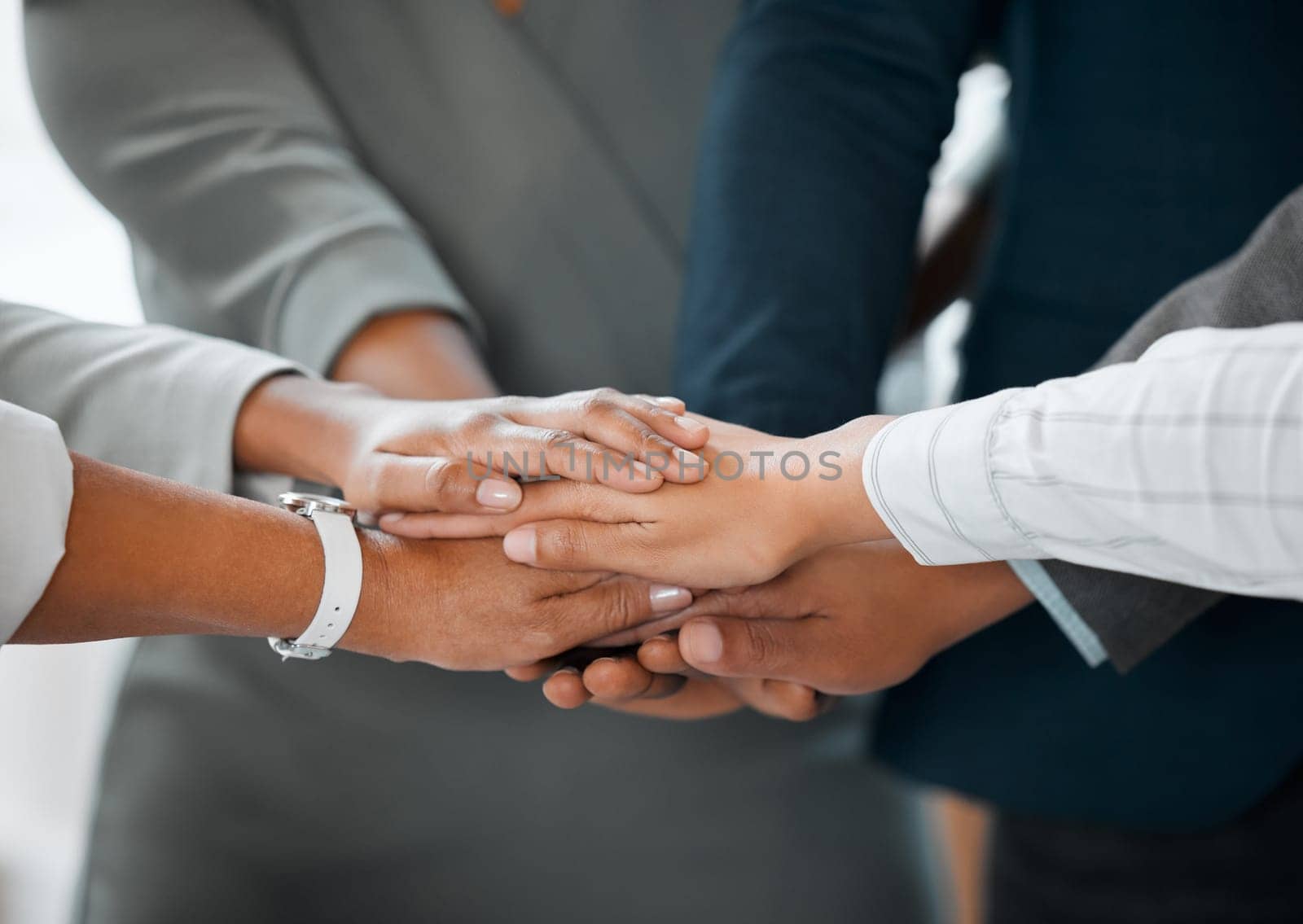 Collaboration, hand or huddle of group of employees with motivation, trust or support, synergy and partnership. Teamwork, hands together or business people in cooperation, team building or solidarity.