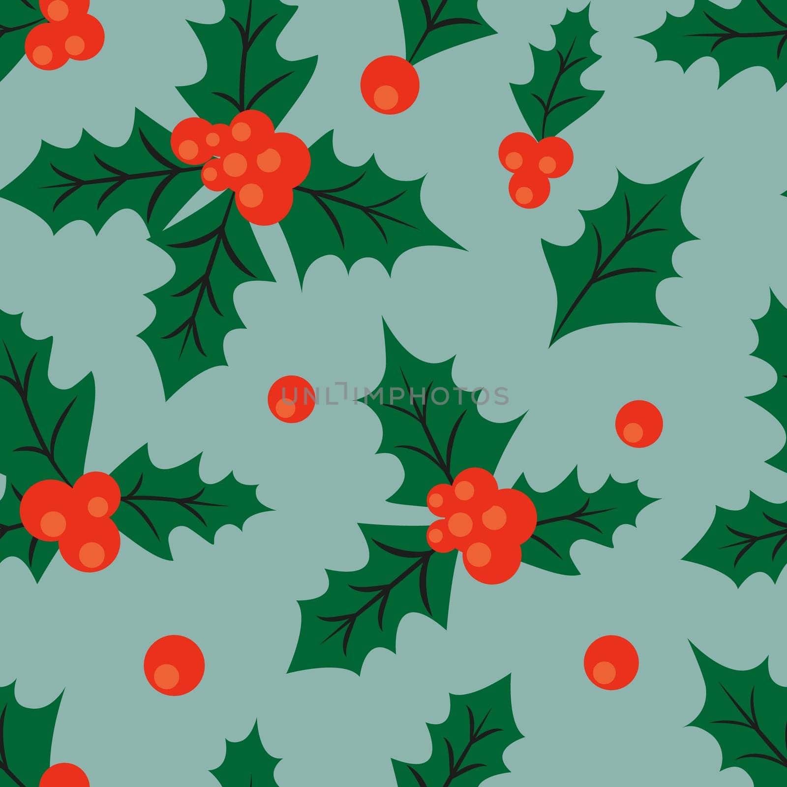 Retro Christmas seamless background with holly leaves and berries. Holly seamless pattern