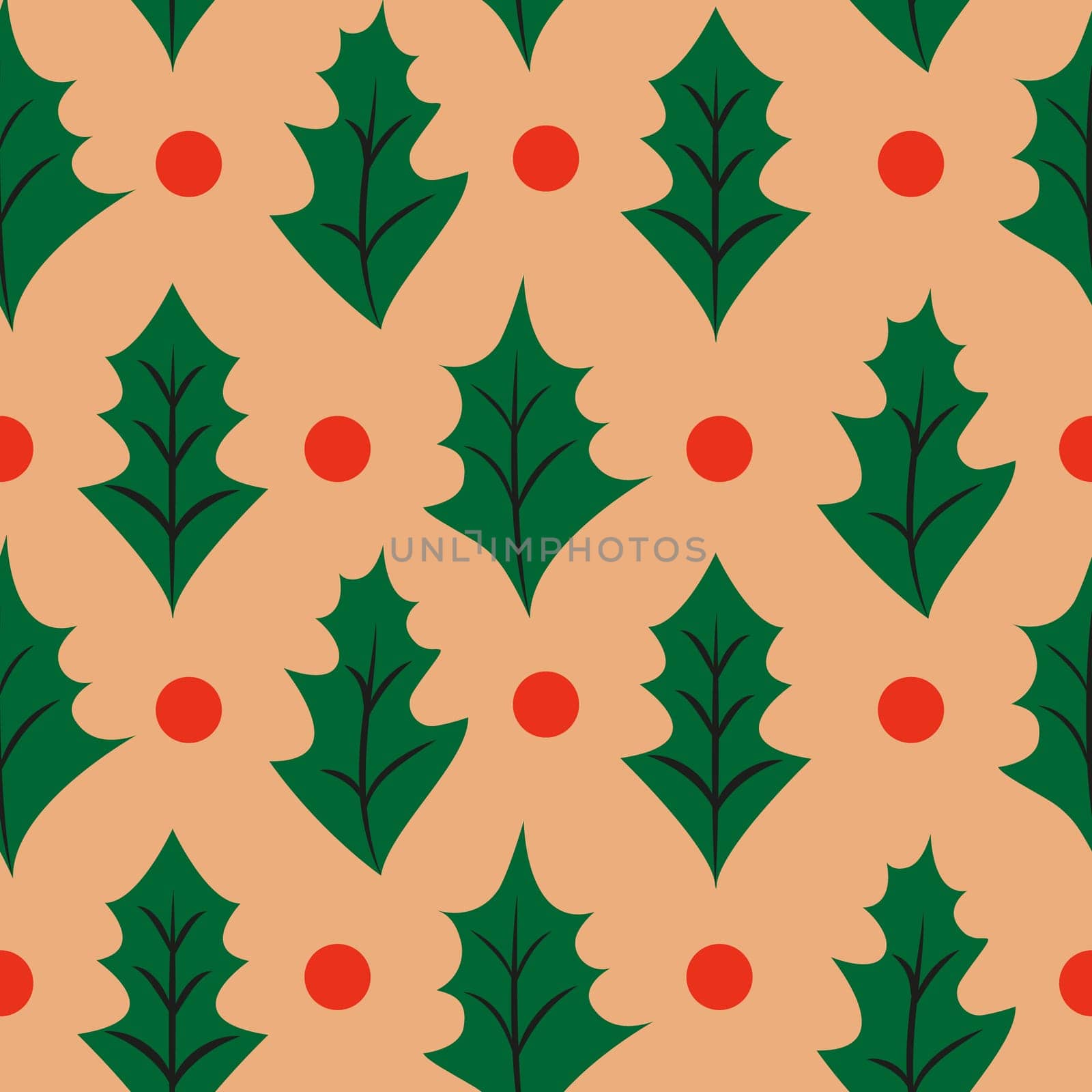Retro Christmas seamless background with holly leaves and berries. Holly seamless pattern