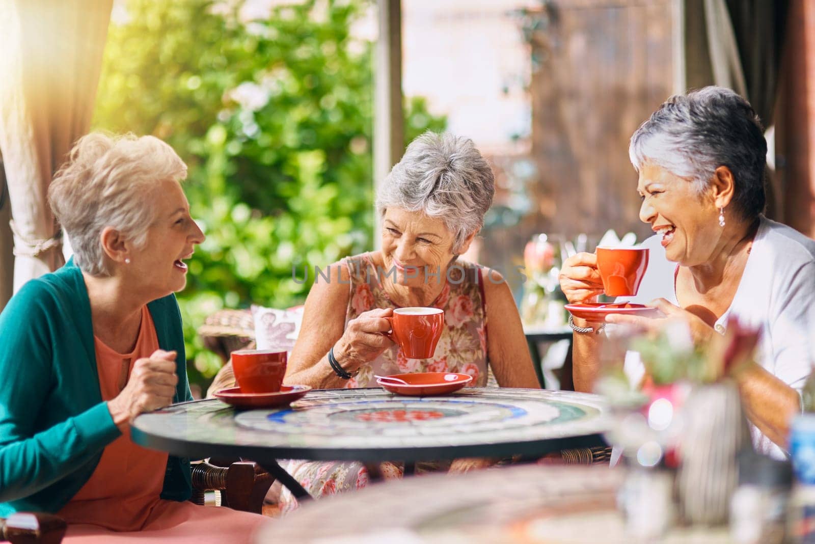 Coffee shop, funny and senior women talking, laughing and having friends reunion, retirement chat or social group. Restaurant, tea and elderly people in happy conversation for pension or cafe cafe.