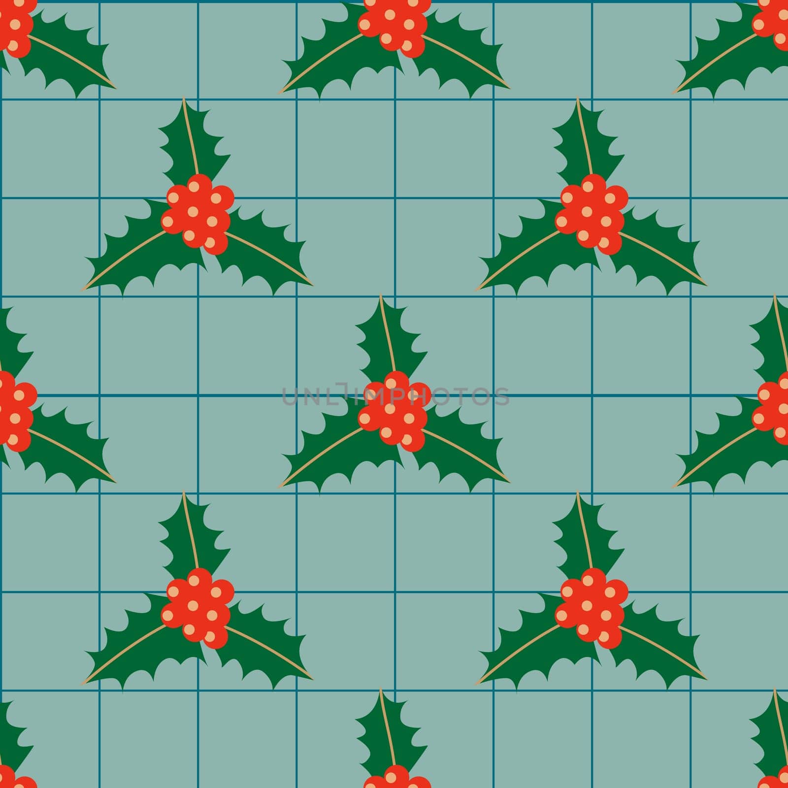 Retro Christmas pattern with holly leaves and berries. Holly seamless pattern