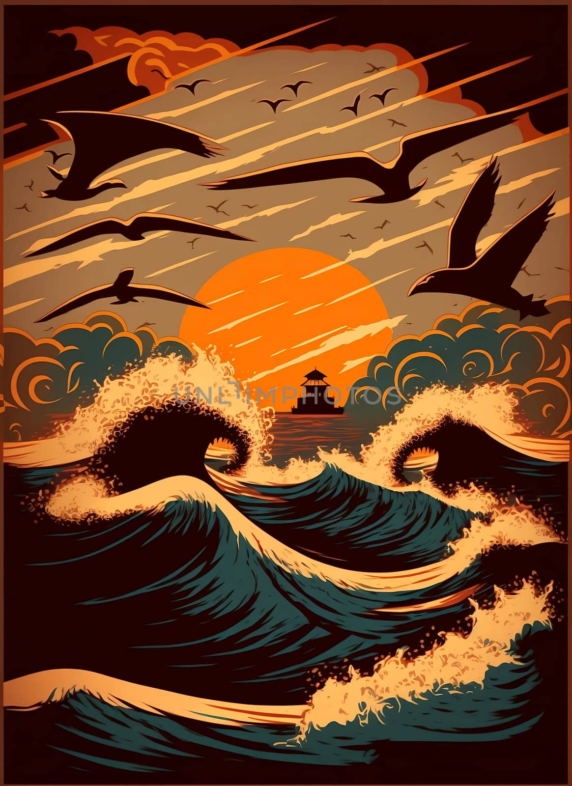 Retro poster of a seascape with waves, seagulls, sunrise and sunset. Printing house. Background for poster, banner. Illustration.