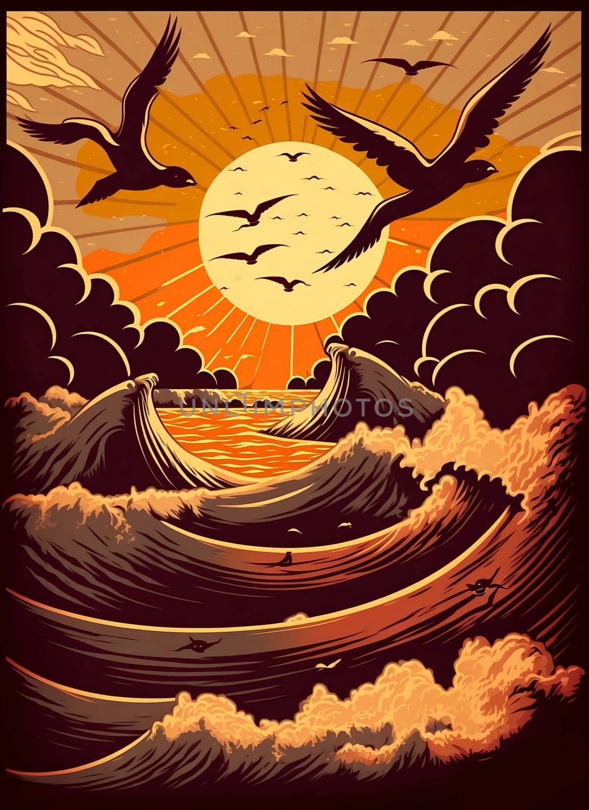 Retro poster of a seascape with waves, seagulls, sunrise and sunset. Printing house. Background for poster, banner. by AndreyKENO