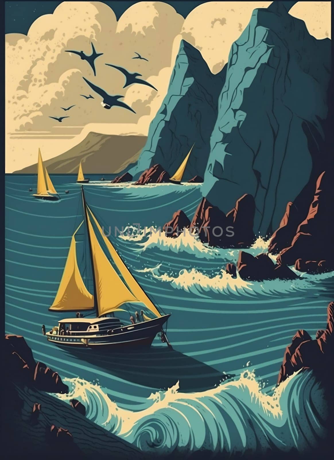 Retro poster of a seascape with waves, seagulls, rocks and yachts. Printing house. Background for poster, banner. Illustration.