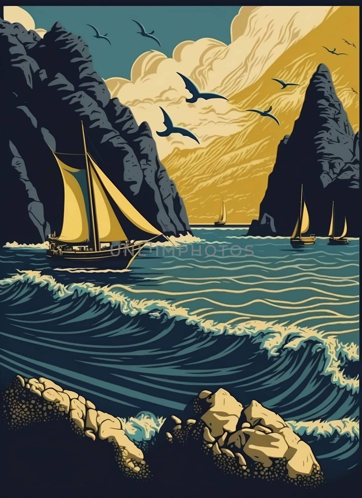 Retro poster of a seascape with waves, seagulls, rocks and yachts. Printing house. Background for poster, banner. Illustration.