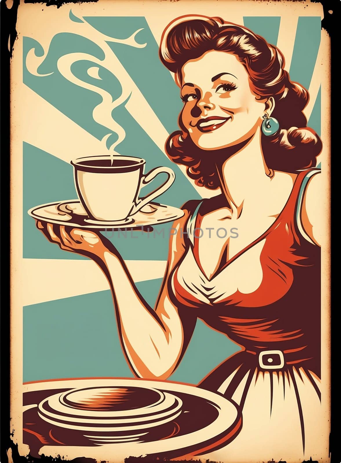 Vintage retro poster, woman with coffee cup. Advertising poster 50s, 60s, coffee sale. Grunge poster. by AndreyKENO