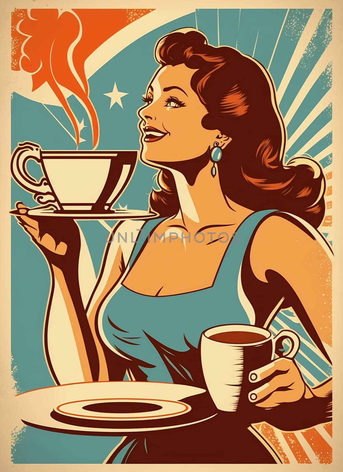 Vintage retro poster, woman with coffee cup. Advertising poster 50s, 60s, coffee sale. Grunge poster. Illustration.