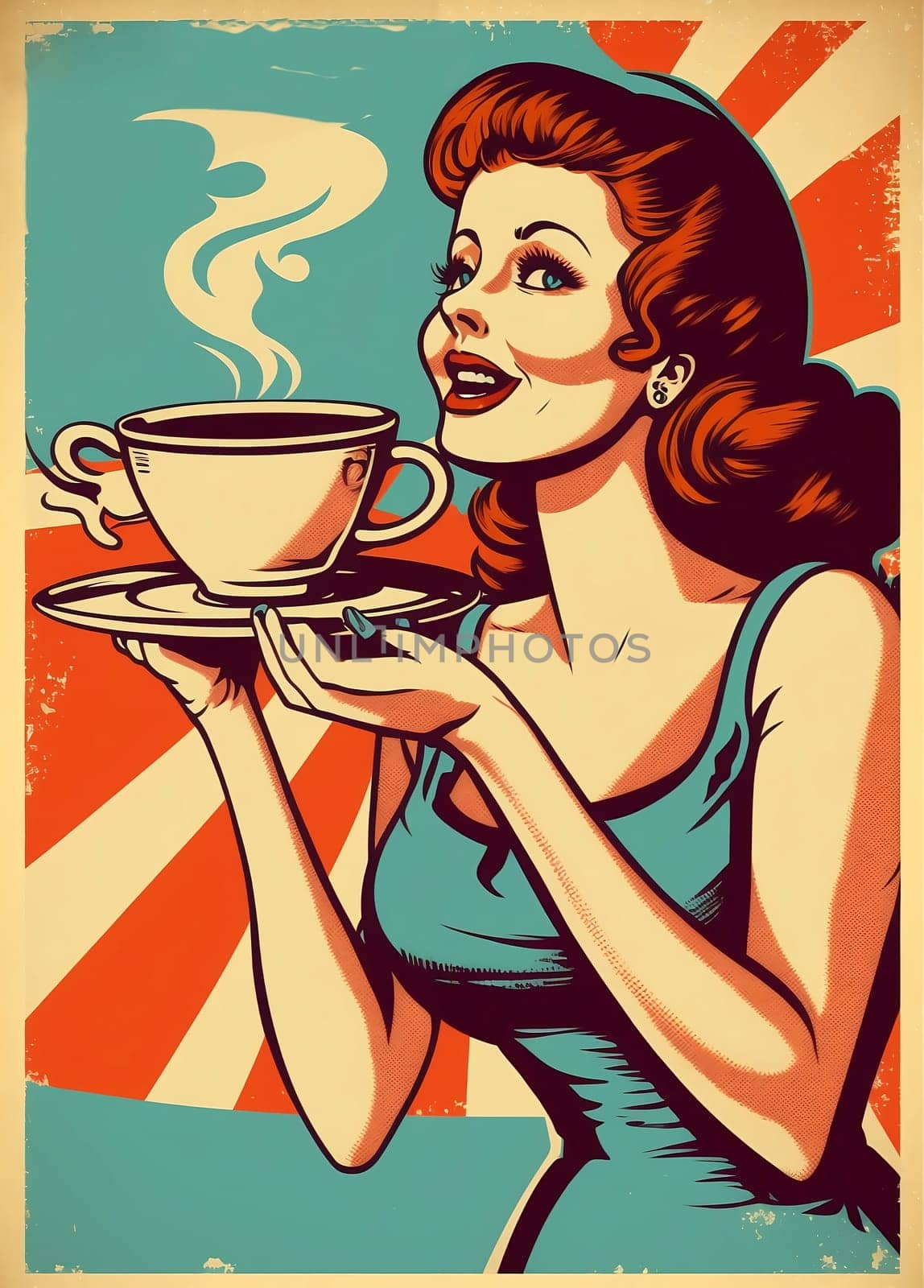 Vintage retro poster, woman with coffee cup. Advertising poster 50s, 60s, coffee sale. Grunge poster. by AndreyKENO