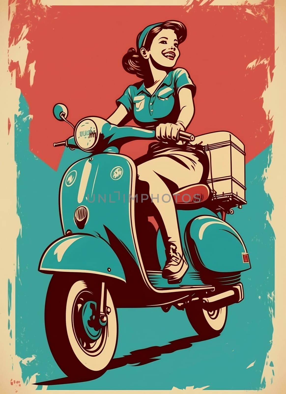 Vintage retro poster, woman on a moped. Advertising poster 50s, 60s, coffee sale. Grunge poster. Illustration.