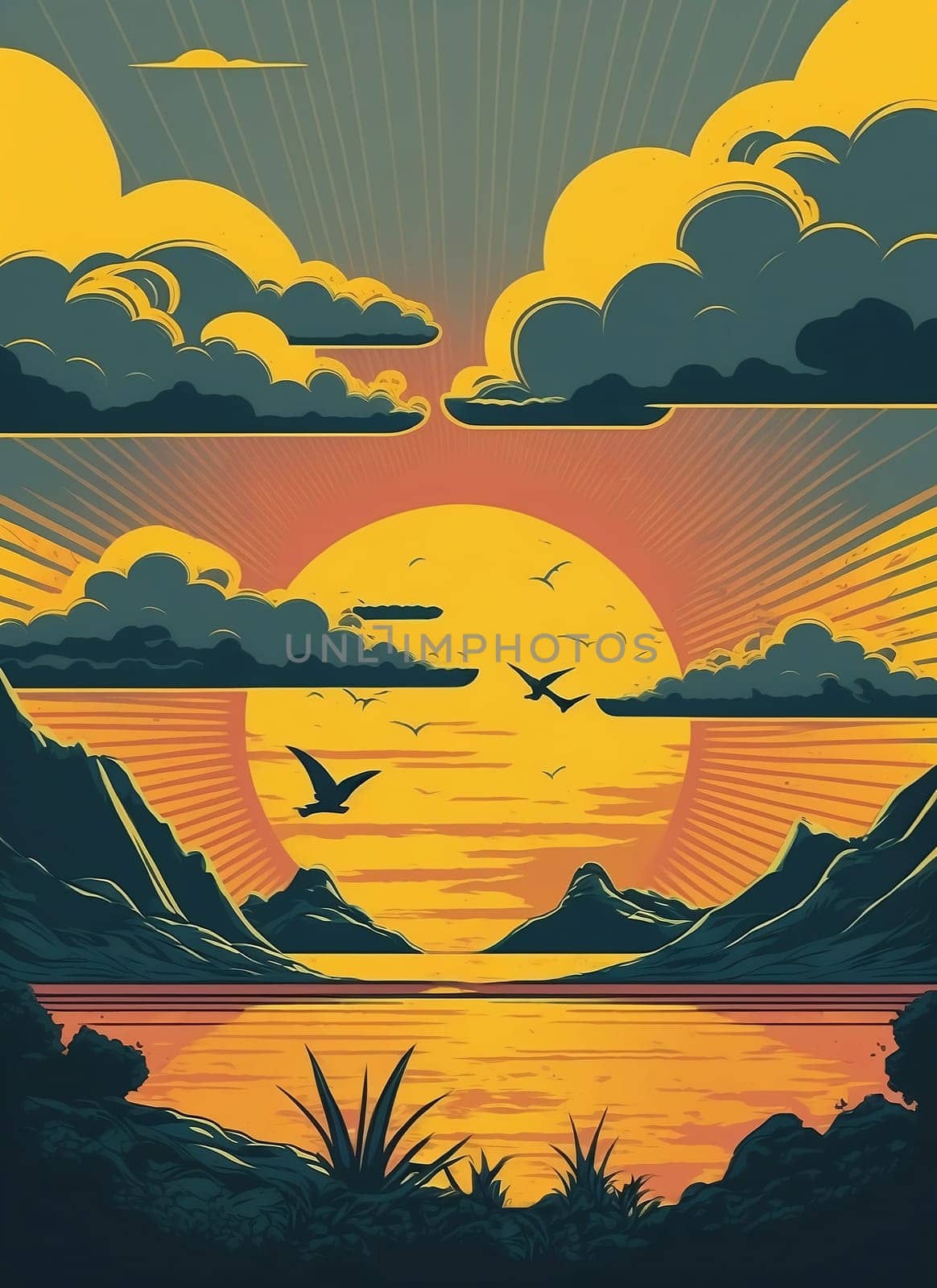 Retro poster of a seascape with waves, seagulls and clouds. Sunrise and sunset. Printing house. Background for poster, banner. Illustration.