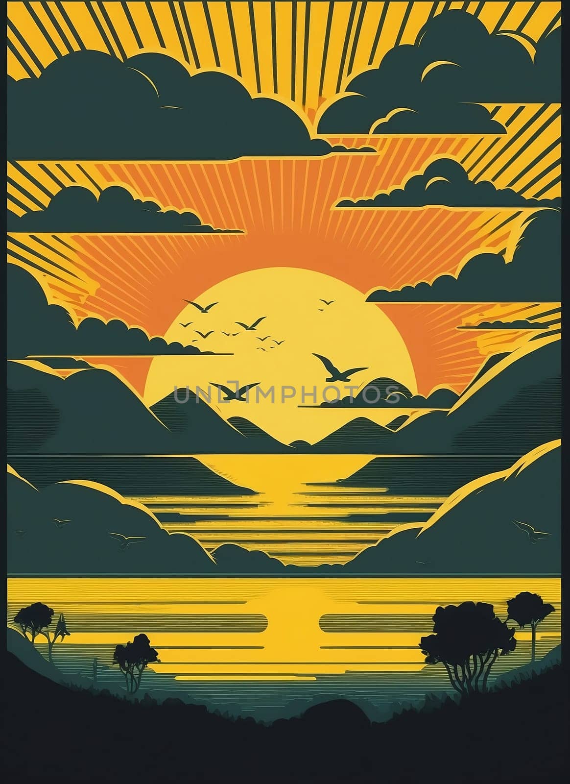 Retro poster of a seascape with waves, seagulls and clouds. Sunrise and sunset. Printing house. Background for poster, banner. Illustration.