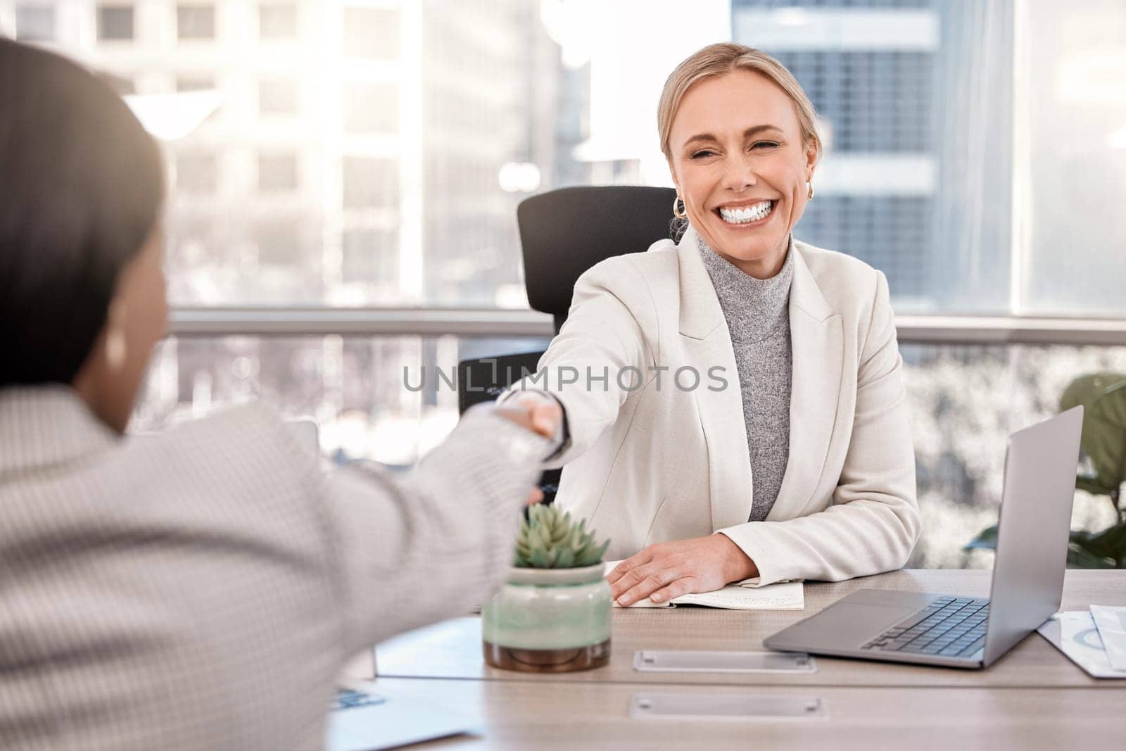 Smile, businesswoman and shake hands or interview for new job or hired and in the office. Partnership, human resource and female worker meeting or staff agreement or approve and team in the workplace by YuriArcurs