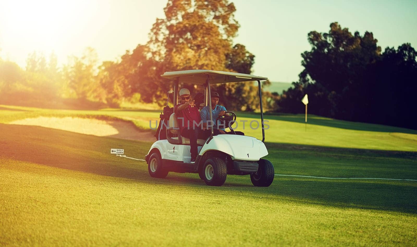 Riding where the grass is greener. two golfers riding in a cart on a golf course. by YuriArcurs