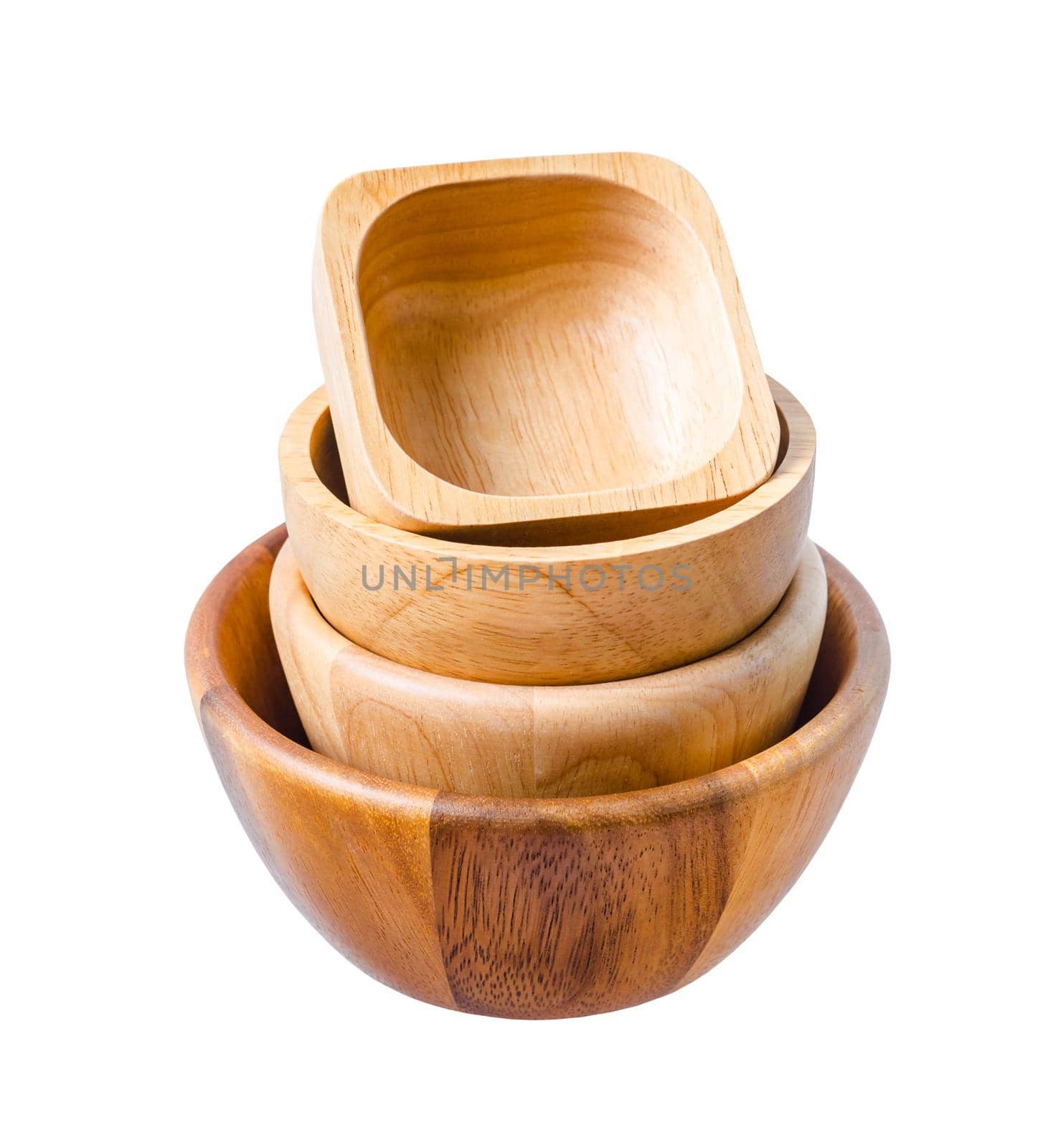 Empty wooden bowl overlap isolated on white background. by Gamjai