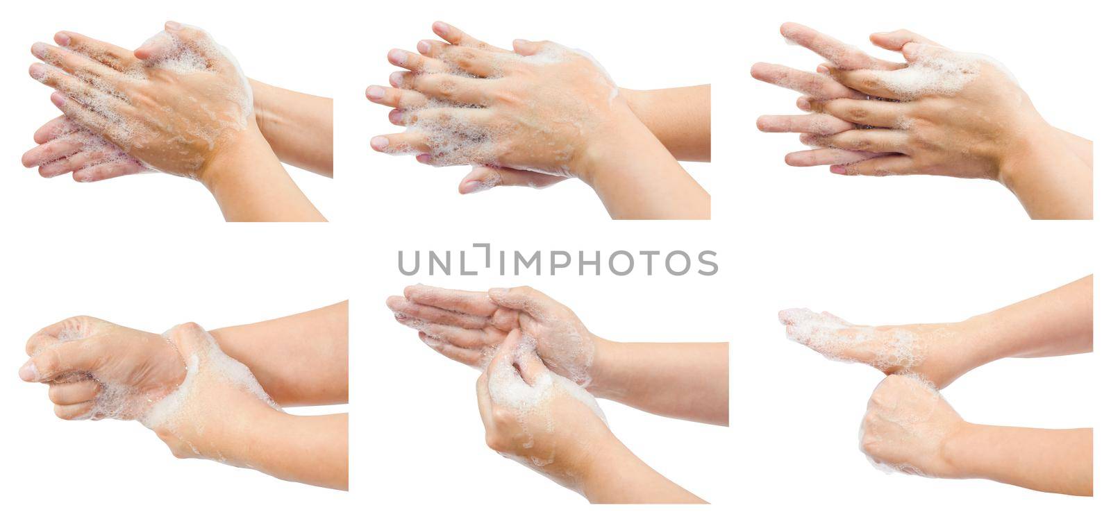 Hand washing medical procedure step by step. Isolated on white background.