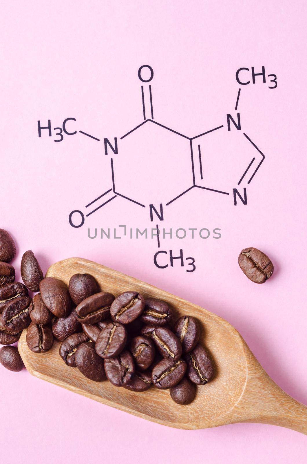 Structural chemical formula of caffeine molecule with roasted coffee beans. Caffeine is a central nervous system stimulant, psychoactive drug molecule.