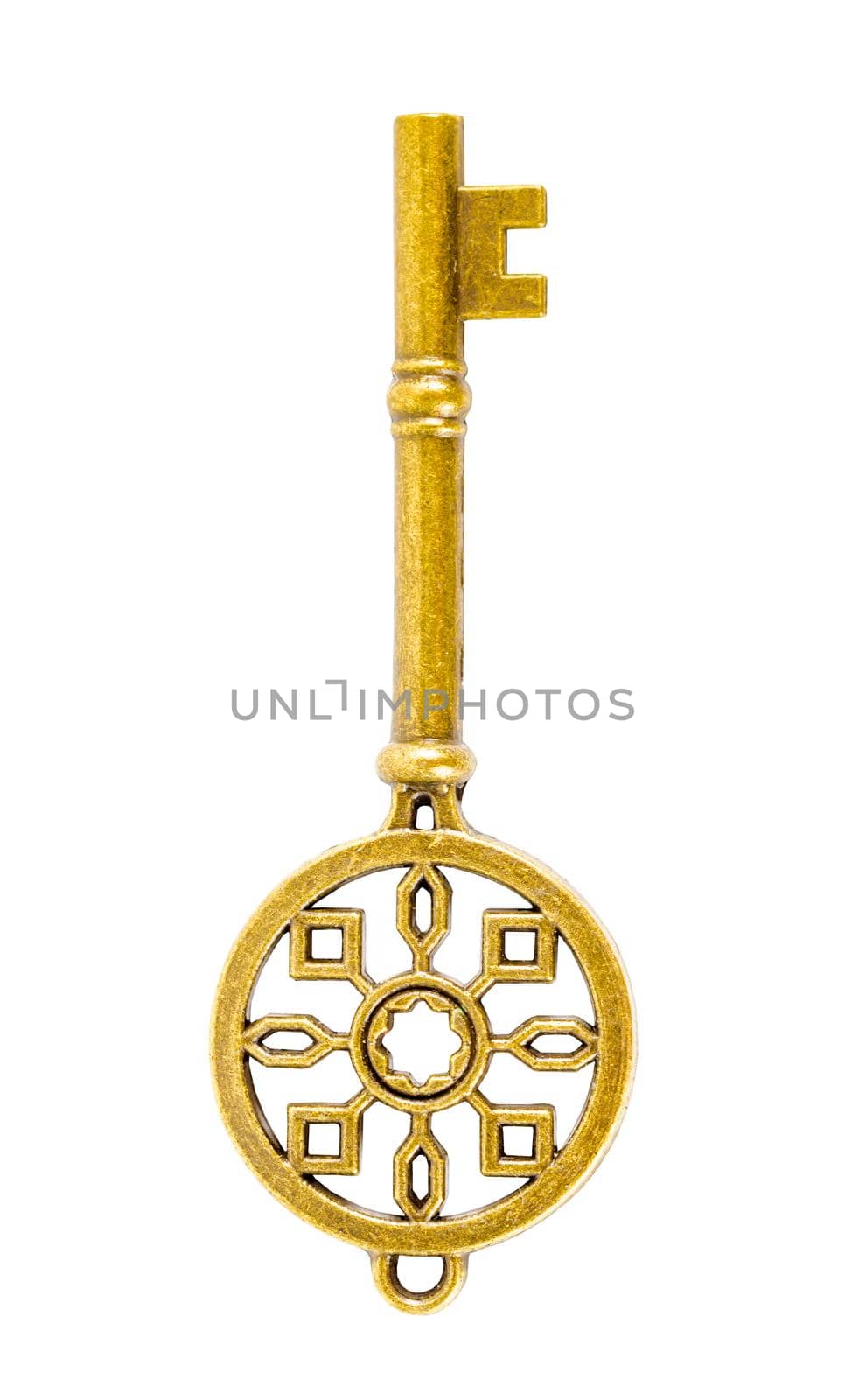 Antique golden door key isolated on white background, save clipping path.