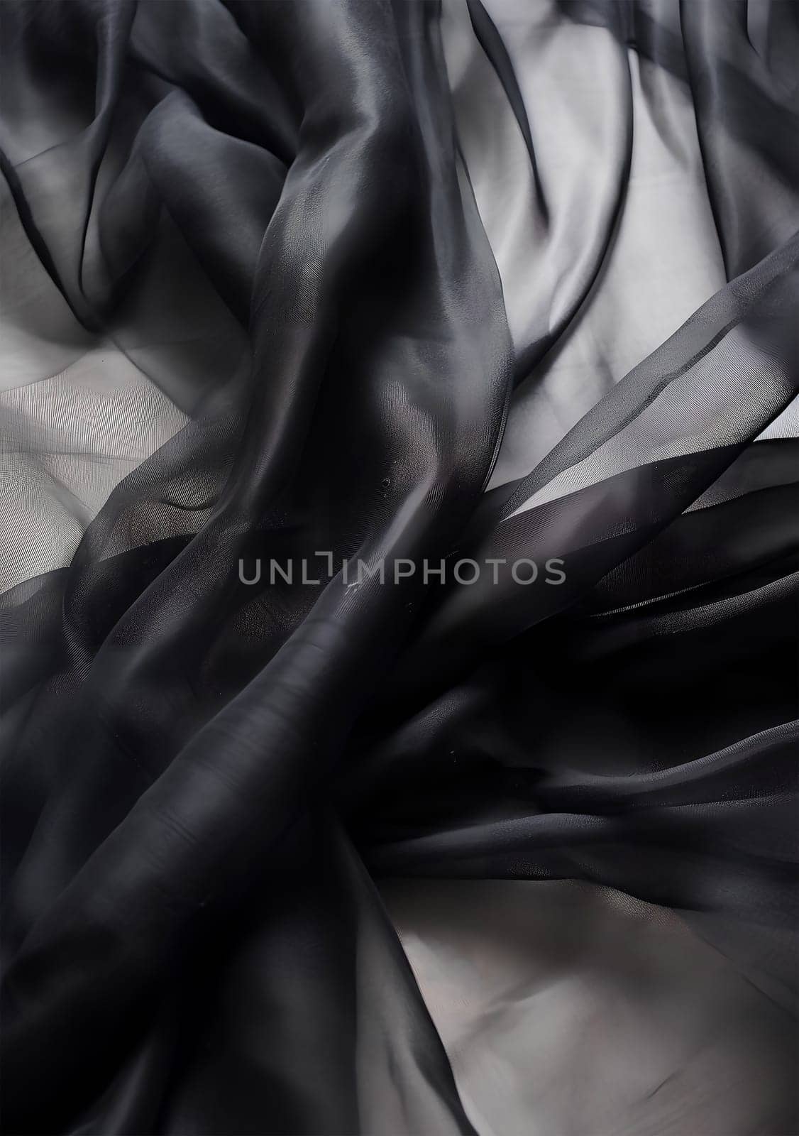 black silk, transparent fabric, close-up photo, monochrome chaos. Ai generative art