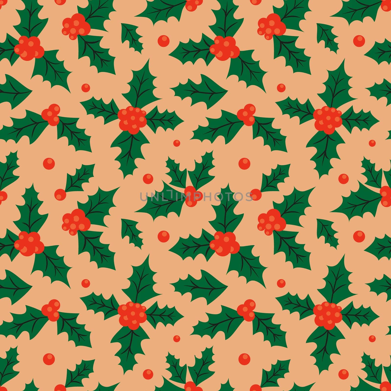 Retro Christmas seamless background with holly leaves and berries. Holly seamless pattern