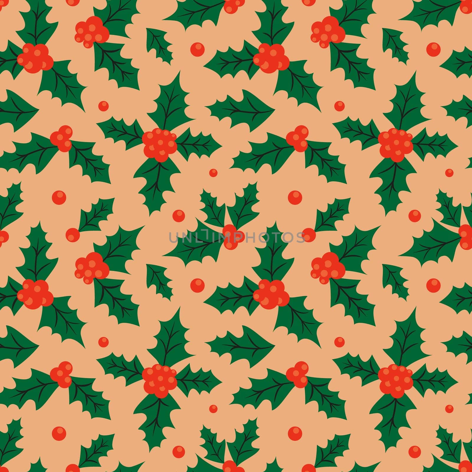 Retro Christmas seamless background with holly leaves and berries. Holly seamless pattern