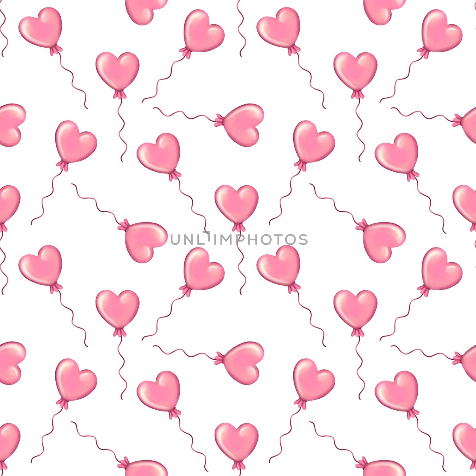 seamless pattern with pink heart shaped air balloons on white background