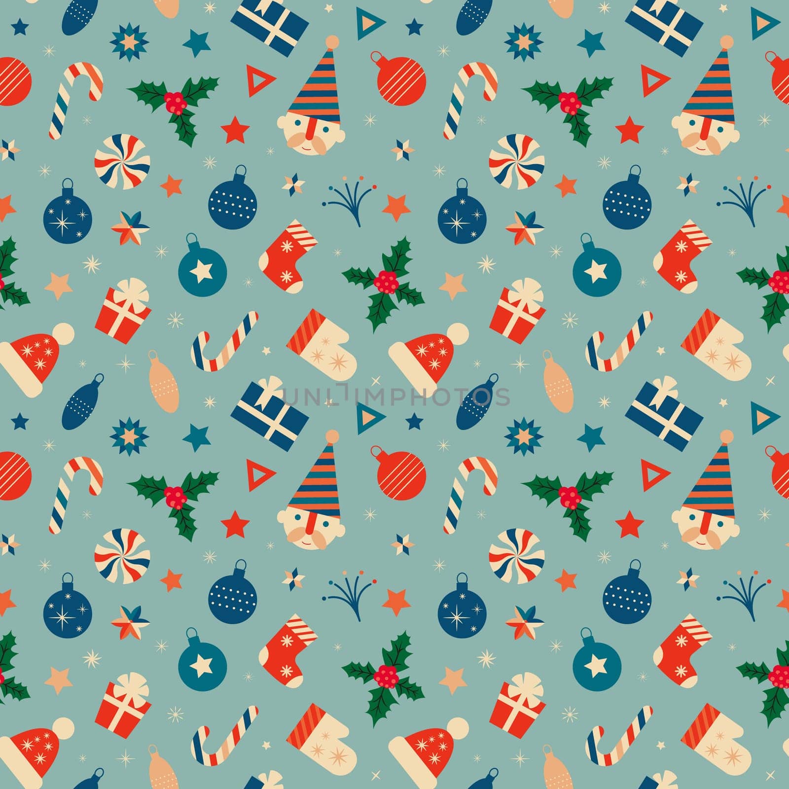 Retro Christmas seamless pattern with Christmas symbols gifts, santa claus, hats, mittens, snowflakes, sweets.
