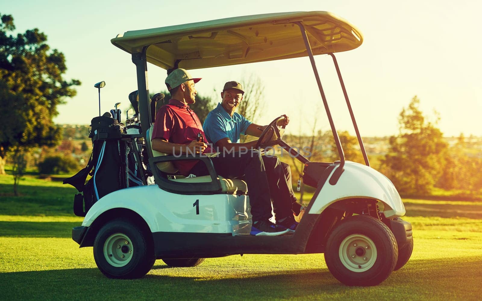 Where did you get your cart license. two men sitting in a cart on a golf course. by YuriArcurs