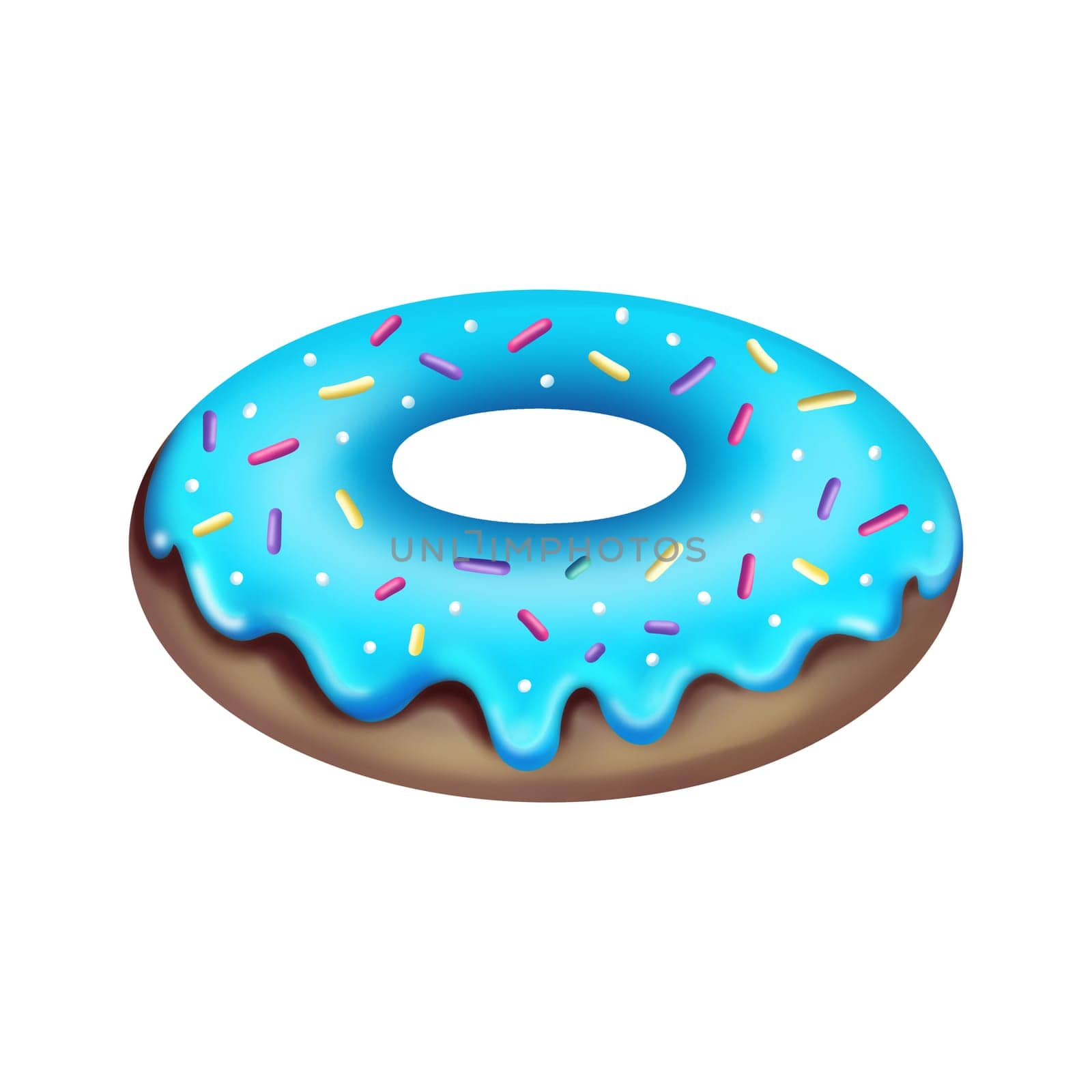 illustration of cartoon tasty doughnut with blue icing and colorful sprinkles isolated on white background