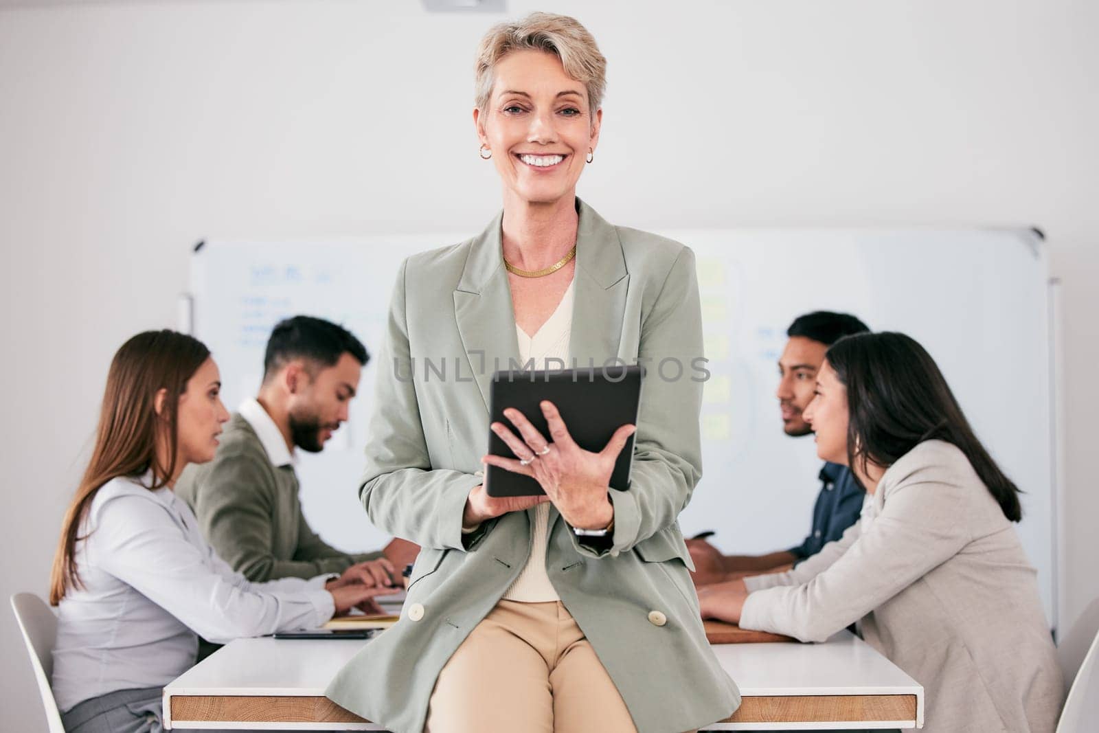 Tablet, meeting and portrait of happy woman or manager for employees engagement, b2b planning and agenda or schedule. Leadership, business management and person with digital technology in office.