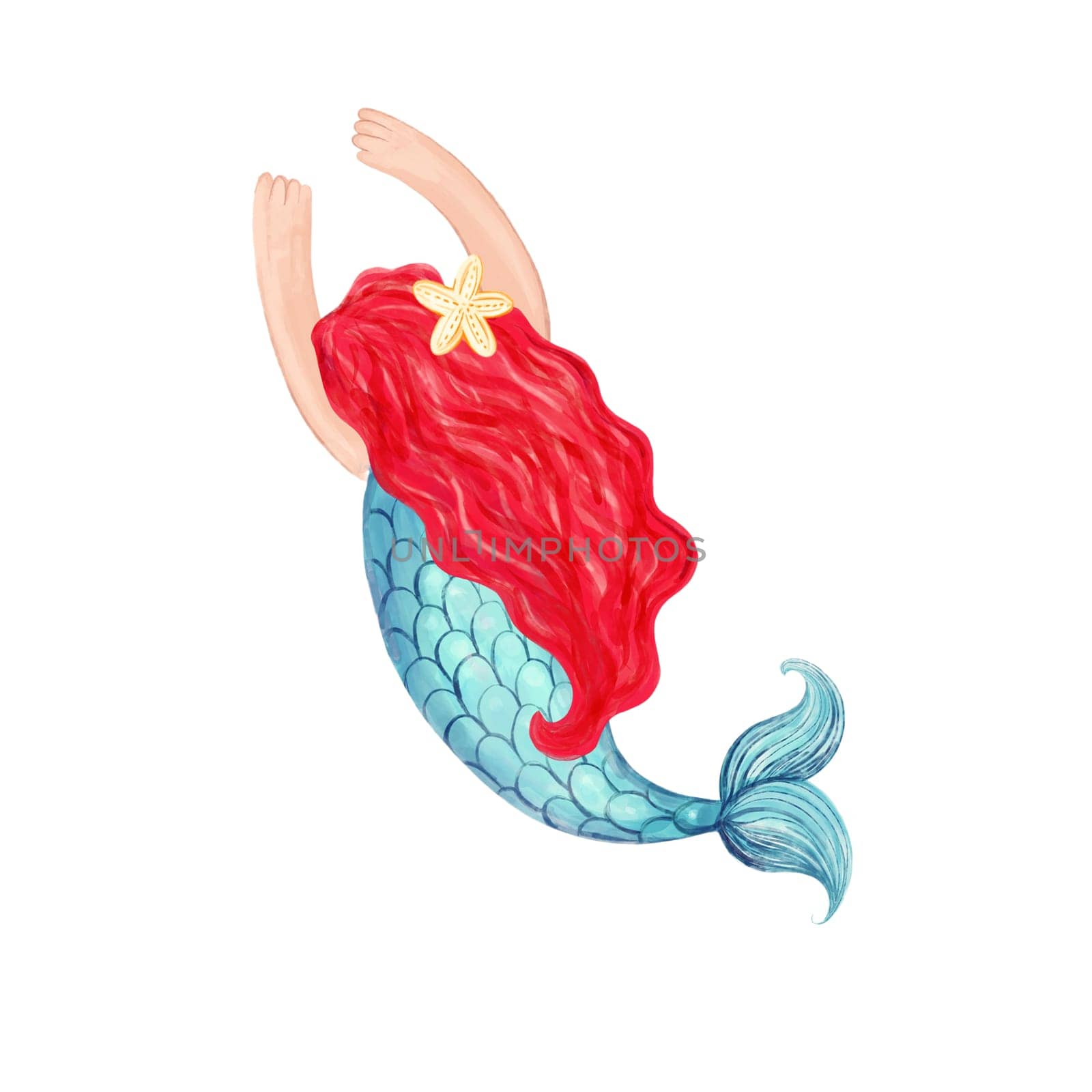 Mermaid with red hair on a white background. Hand-drawn watercolor illustration