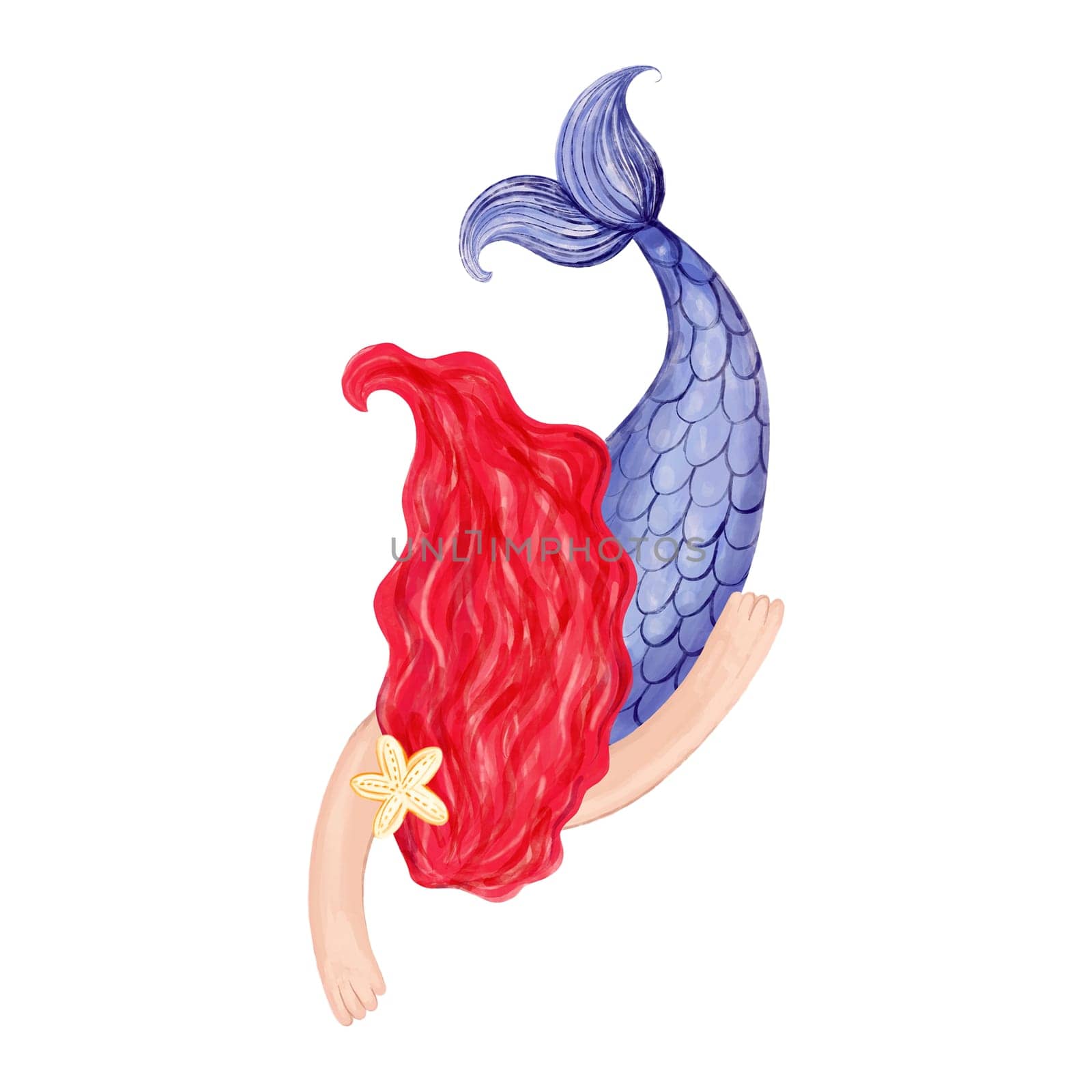 Cute mermaid with red hair on a white background. Hand-drawn watercolor illustration