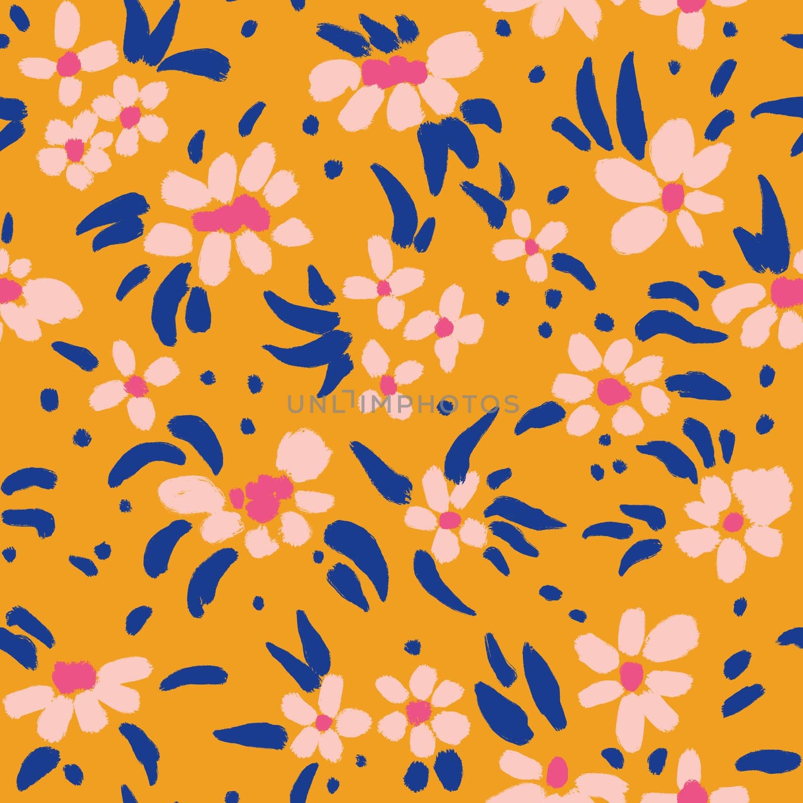 Hand drawn seamless pattern with orange pink dark blue flower floral elements, ditsy summer spring botanical nature print, bloom blossom stylized petals. Retro vintage fabric design, cute dots nature meadow. by Lagmar