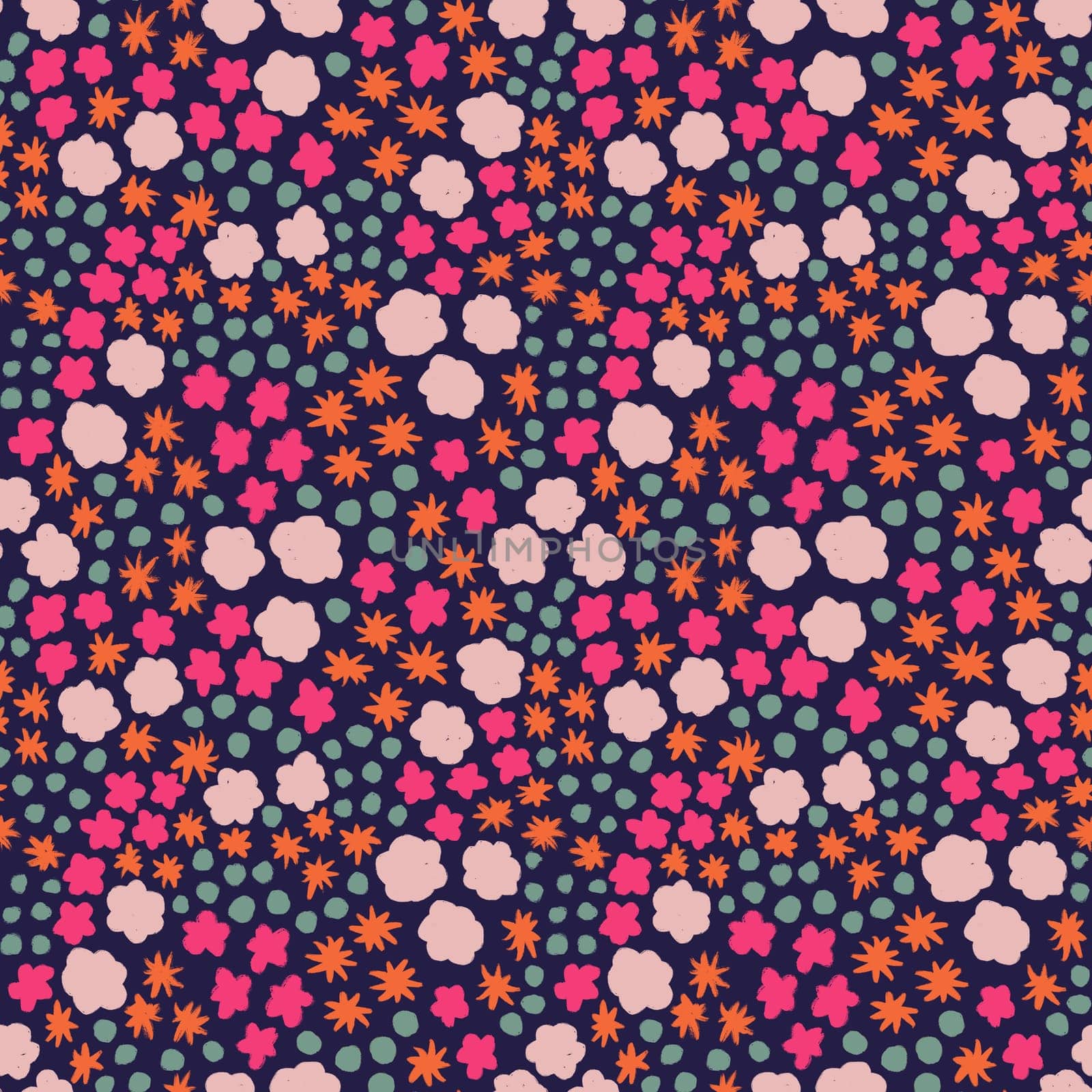 Hand drawn seamless pattern with pink turquoise flower floral elements, ditsy summer spring botanical nature print, bloom blossom stylized petals. Retro vintage fabric design, cute dots nature meadow