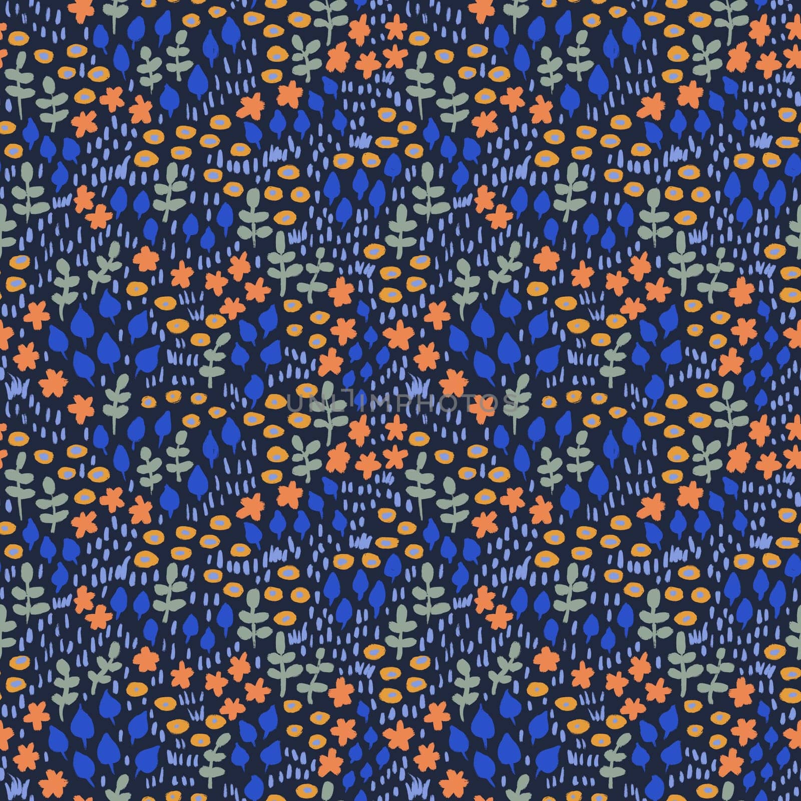 Hand drawn seamless pattern with blue orange flower floral elements, ditsy summer spring botanical nature print, bloom blossom stylized petals. Retro vintage fabric design, cute dots nature meadow. by Lagmar