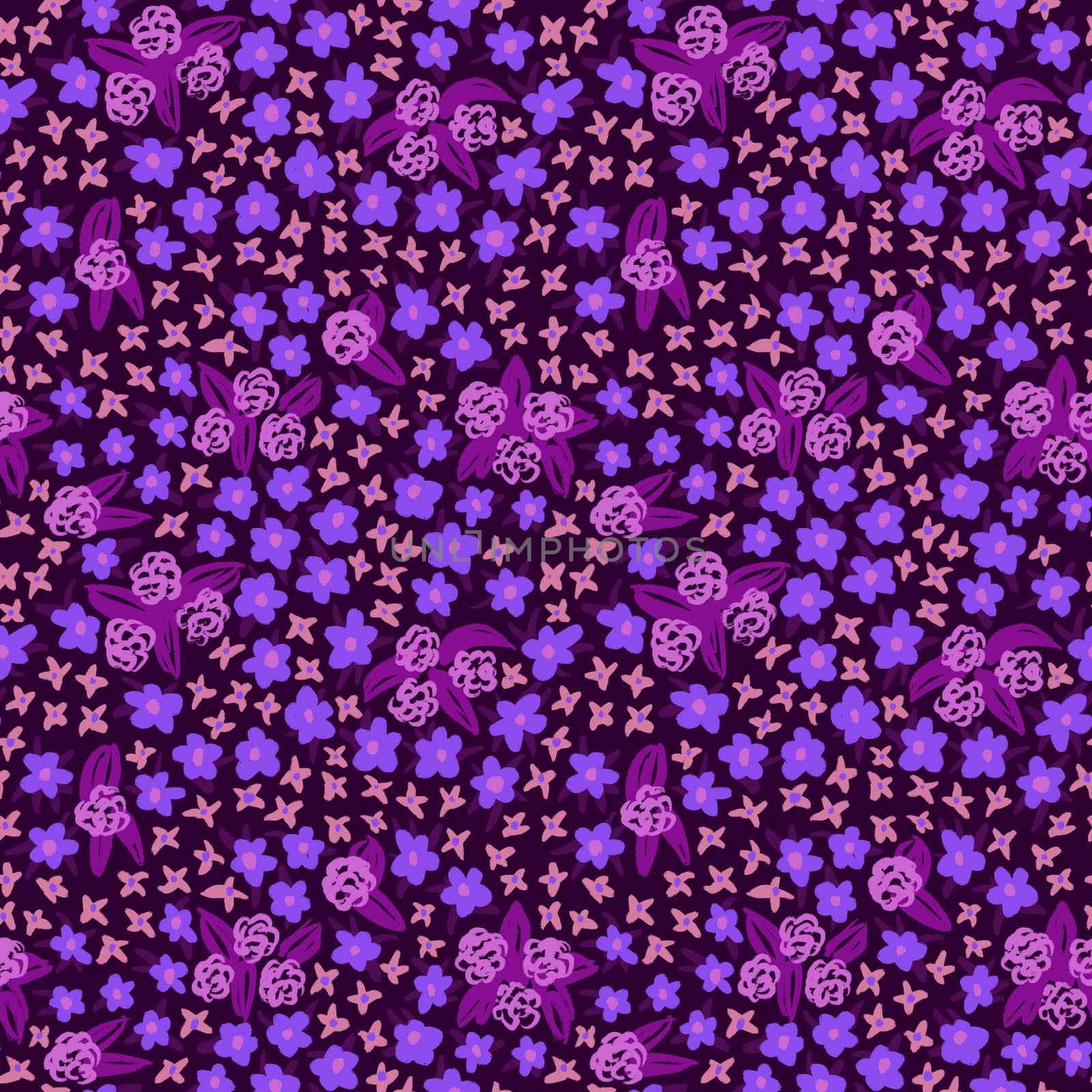 Hand drawn seamless pattern with blue dark purple flower floral elements, ditsy summer spring botanical nature print, bloom blossom stylized petals. Retro vintage fabric design, cute dots nature meadow