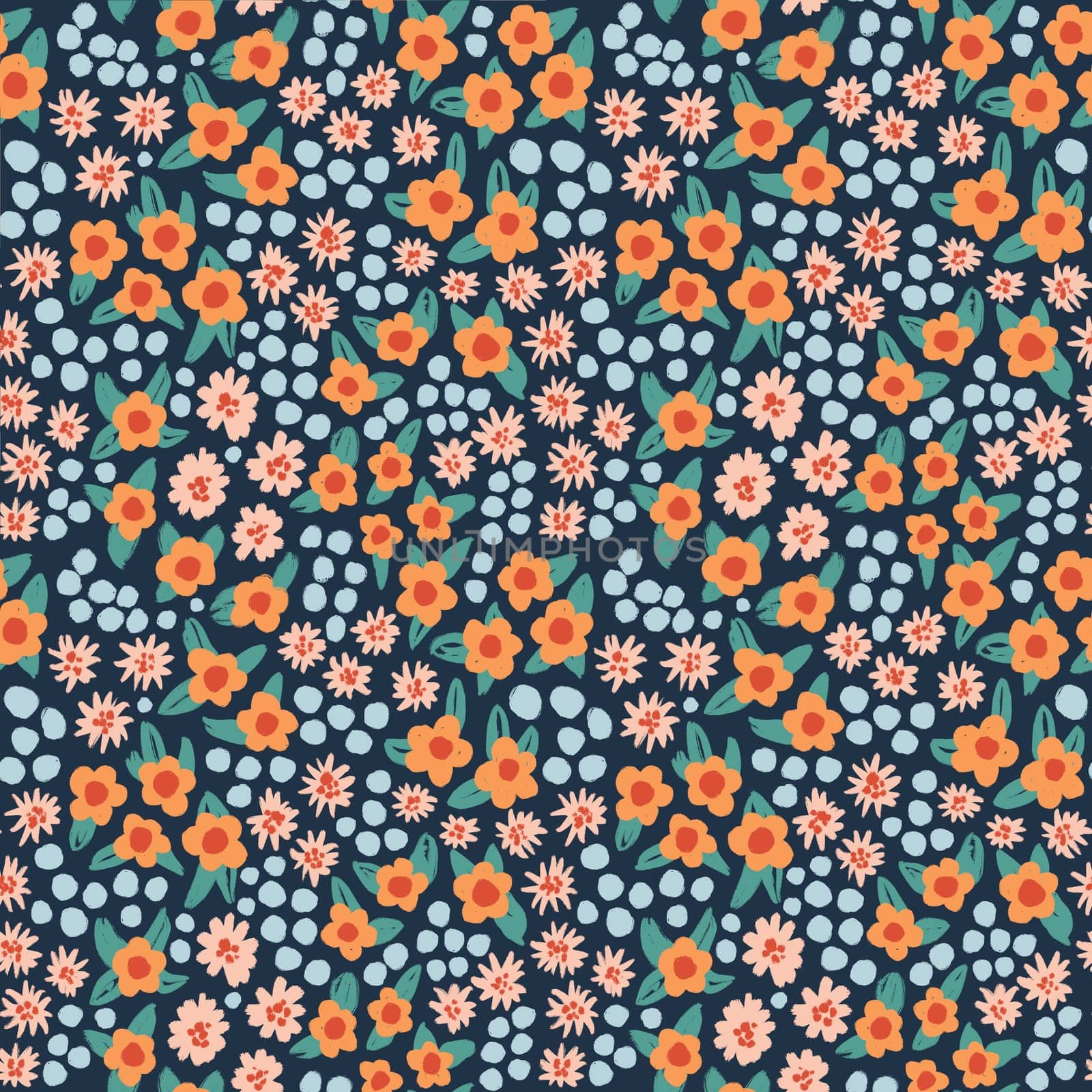 Hand drawn seamless pattern with orange pink blue flower floral elements, ditsy summer spring botanical nature print, bloom blossom stylized petals. Retro vintage fabric design, cute dots nature meadow