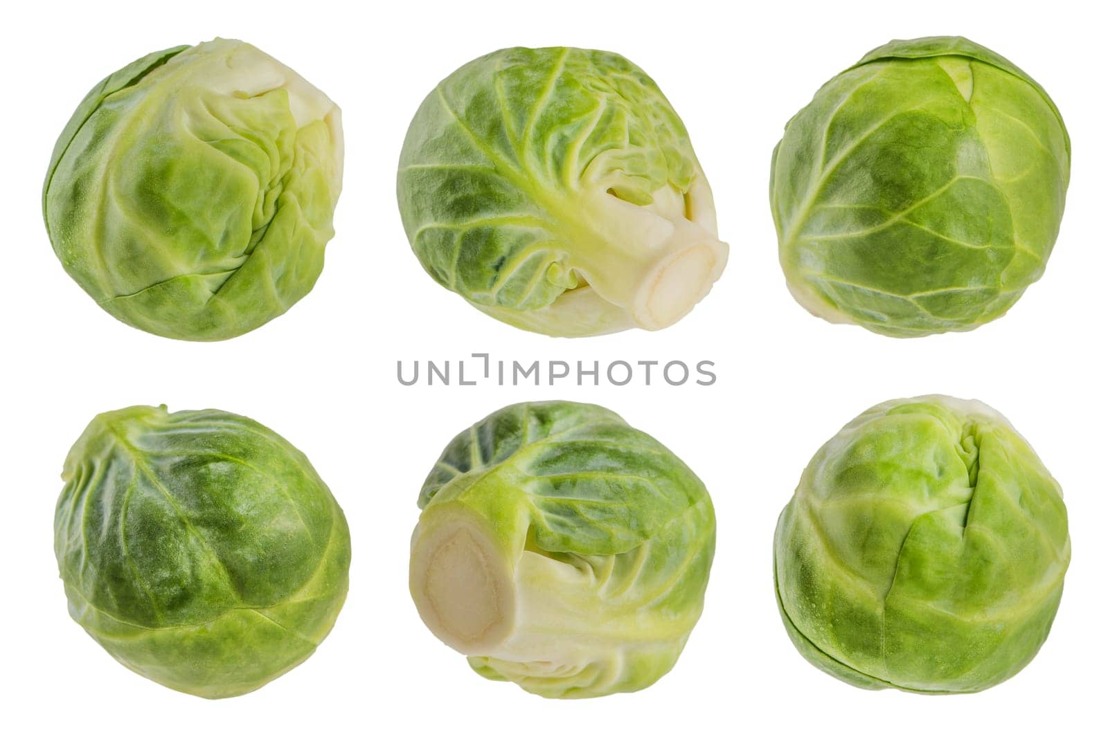 Green Brussels sprouts on a white isolated background. Flying vegetables isolated on white. Scatter a set of cabbage in different directions. Tasty and healthy food concept.