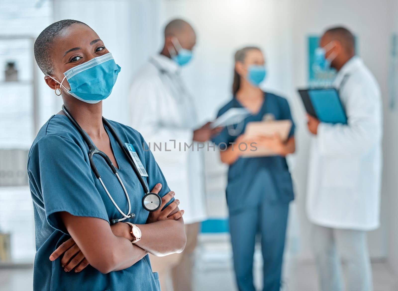 Face mask, doctor and portrait of black woman with crossed arms for medical help, insurance and trust. Healthcare, hospital team and face of female health worker for service, consulting and care.