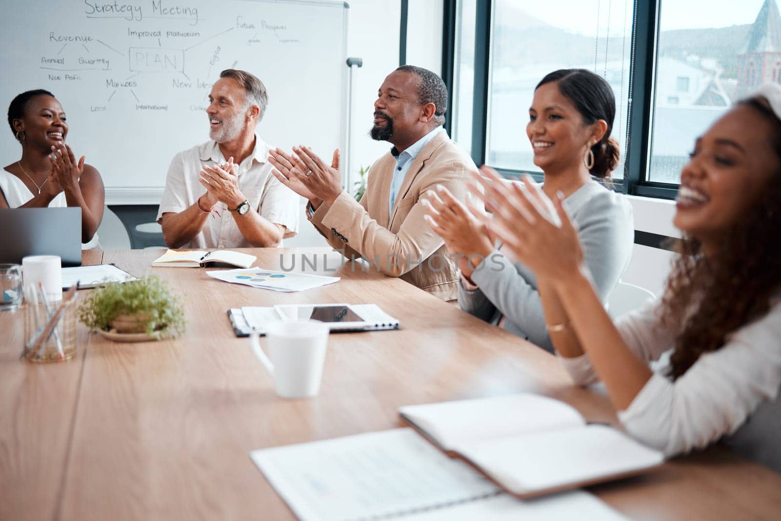 Business people, applause and meeting of audience in presentation or team seminar at the office. Happy group of employees clapping in conference for teamwork, support or motivation at the workplace.