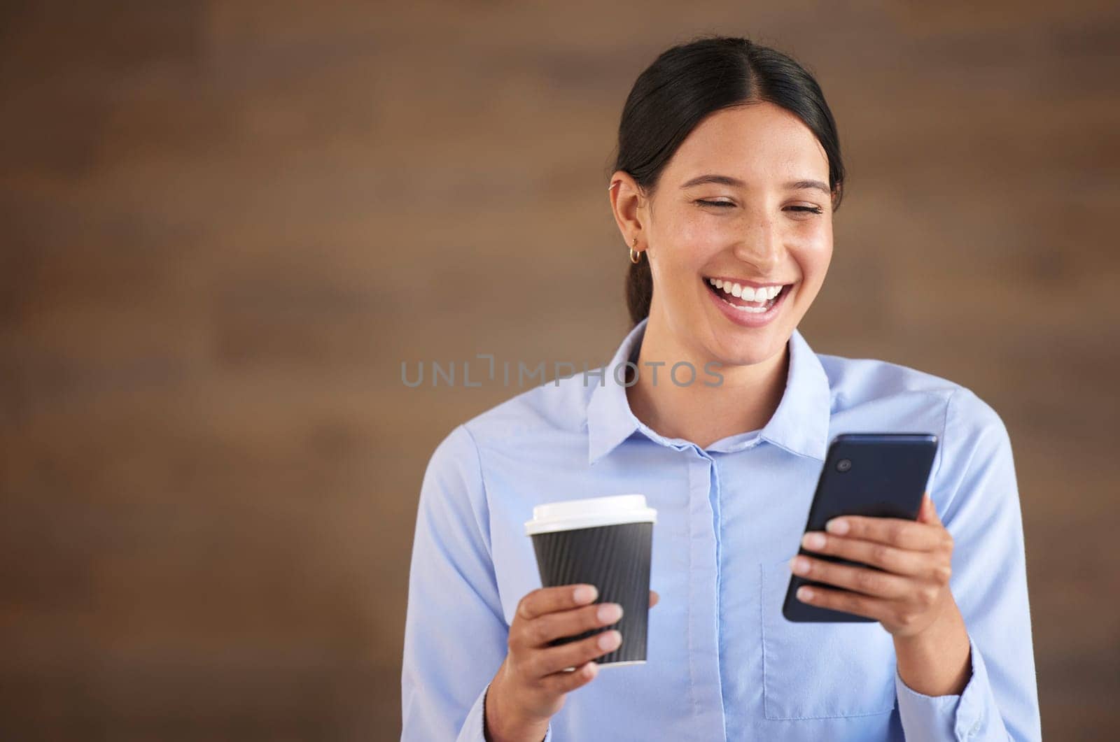 Professional woman, laughing with smartphone and coffee break with social media and communication. Female worker relax, using phone with drink in hand and funny meme or online chat with mockup space.